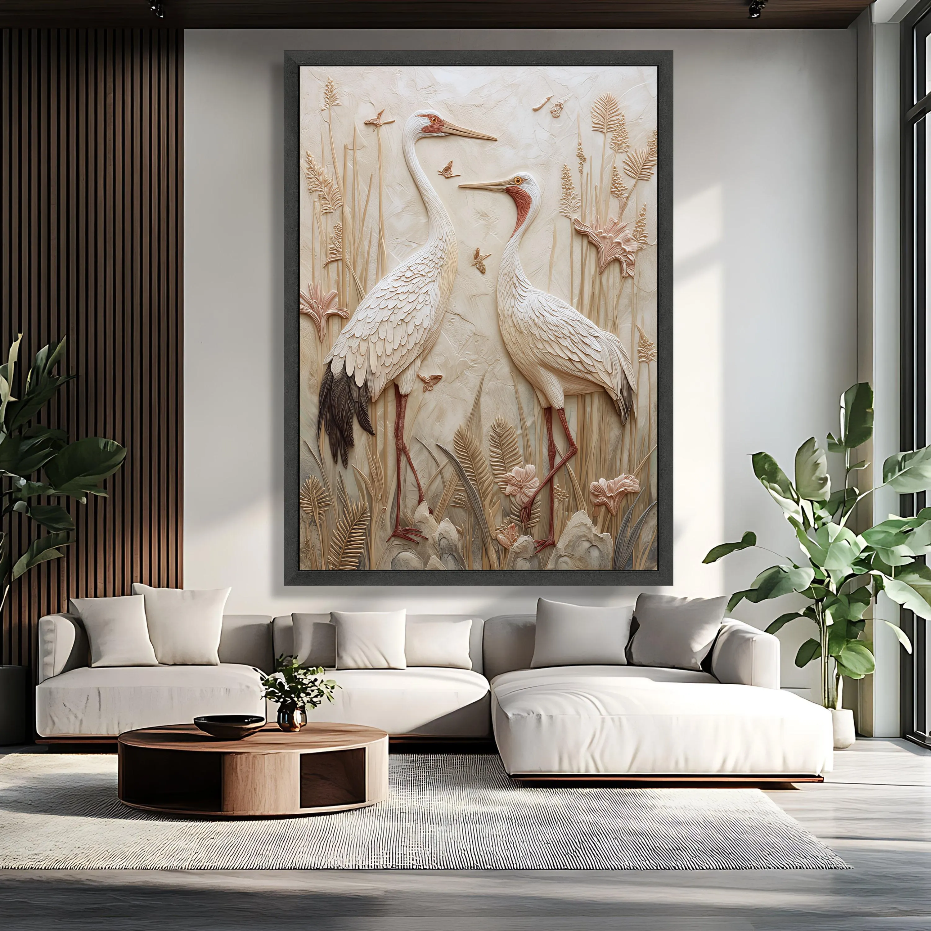 Elegant Crane Birds Canvas Wall Art, Wildlife Decor, Effect, Neutral Tones, Botanical Scene, Housewarming Art Gift, Ready to Hang Art Canvas - image 5
