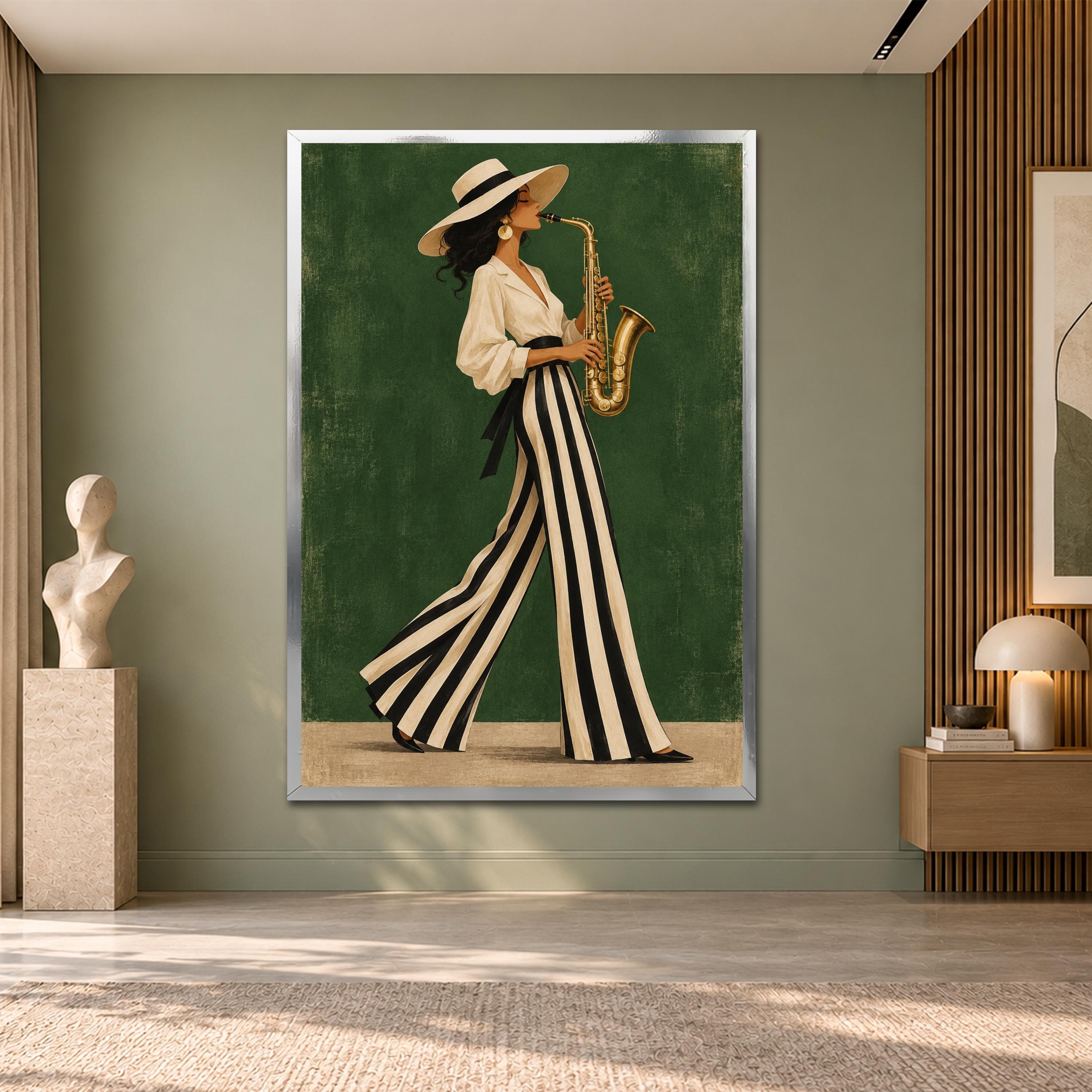 Saxophone Woman Canvas Wall Art, Emerald Green Jazz Music Print, Elegant Fashion Lady Portrait, Vintage Lounge Decor, Classic Musician Gifts - image 4