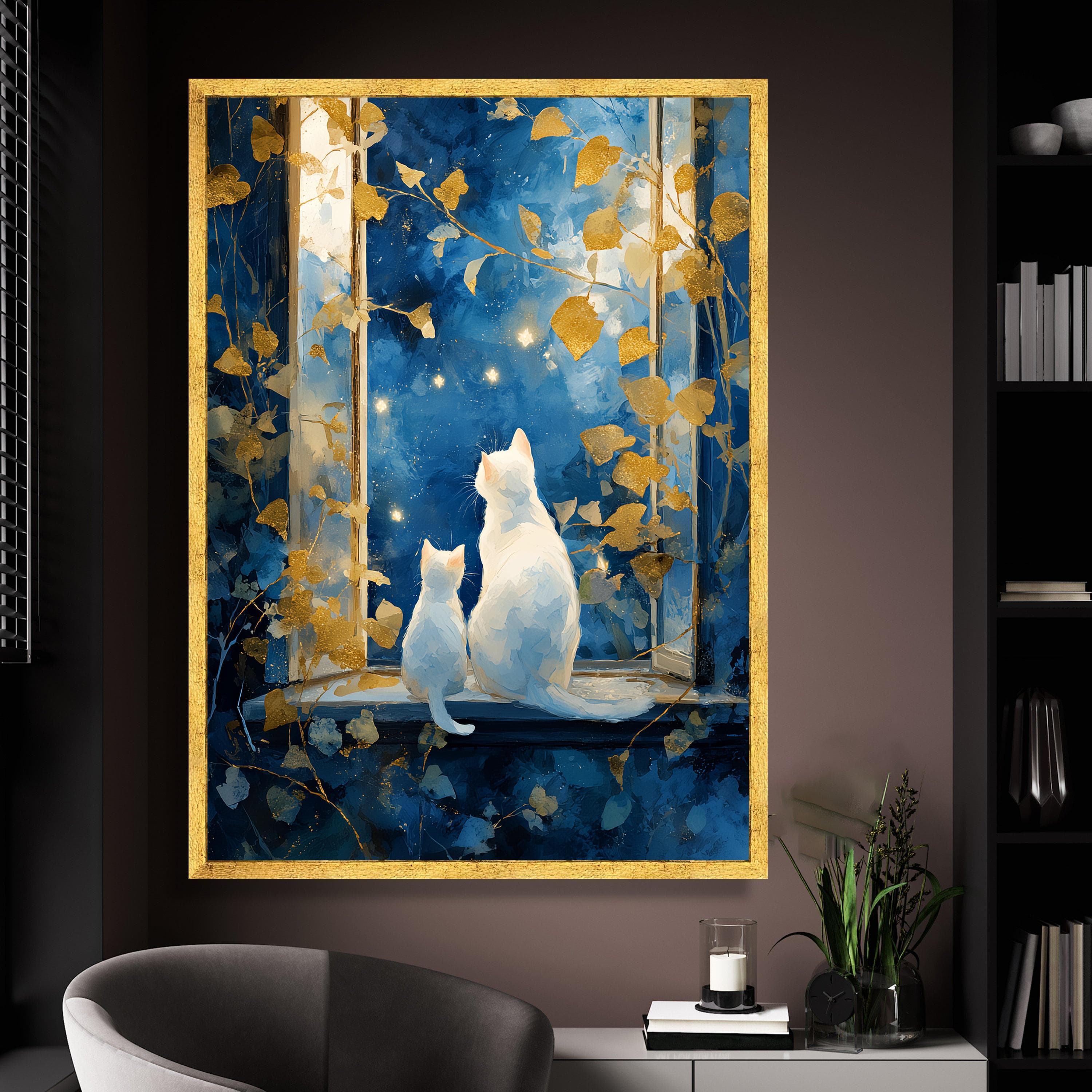 Magical Night Sky Cats Canvas, White Cat Silhouette Wall Art, Starry Window Scene, Blue Gold Leaves Canvas, Whimsical Home Art, Unique Gift - image 3