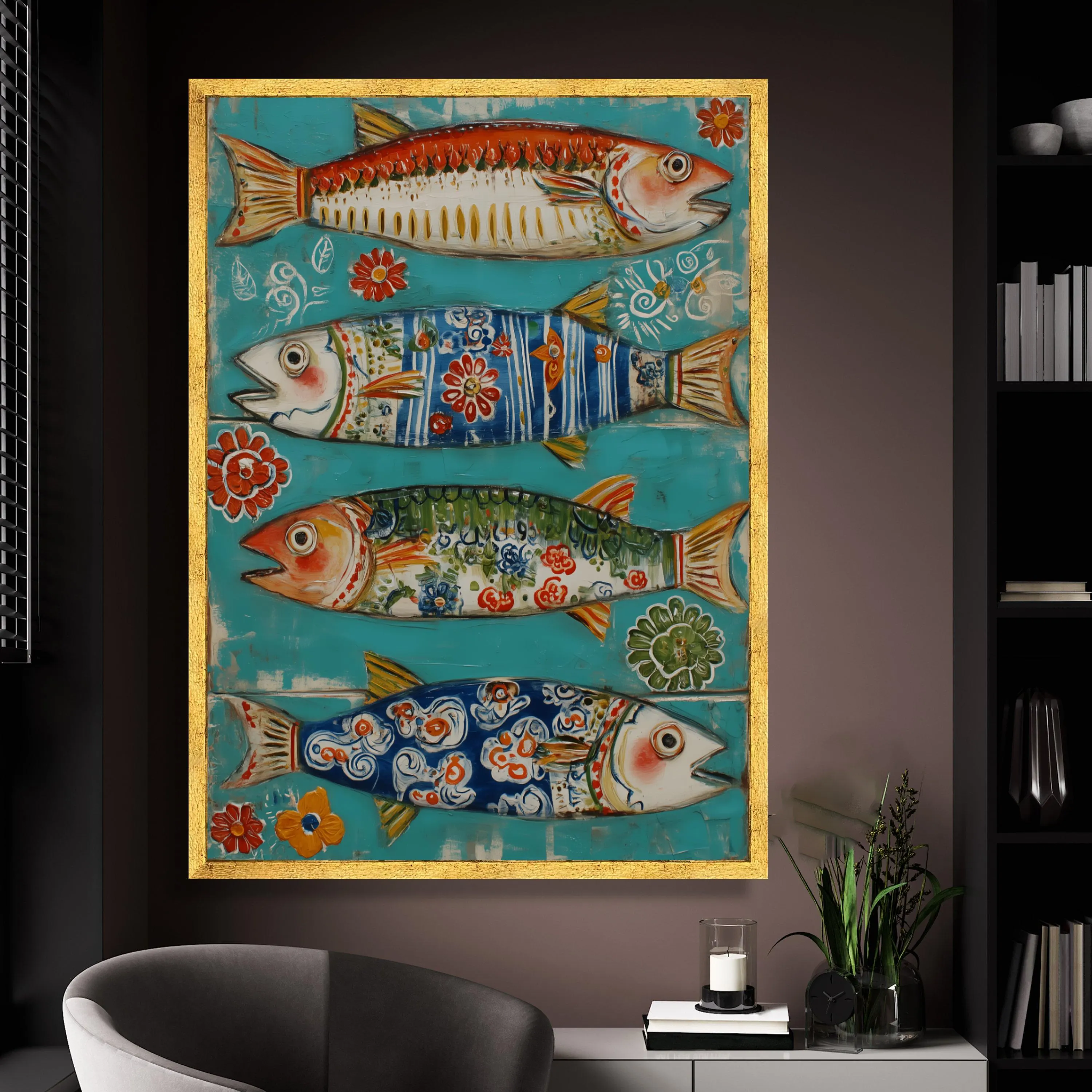 Colorful Decorative Fish Canvas Wall Art, Whimsical Ocean Design, Floral Patterned Fish Paint, Nautical Home Decor Gift, Ready to Hang Art - image 3