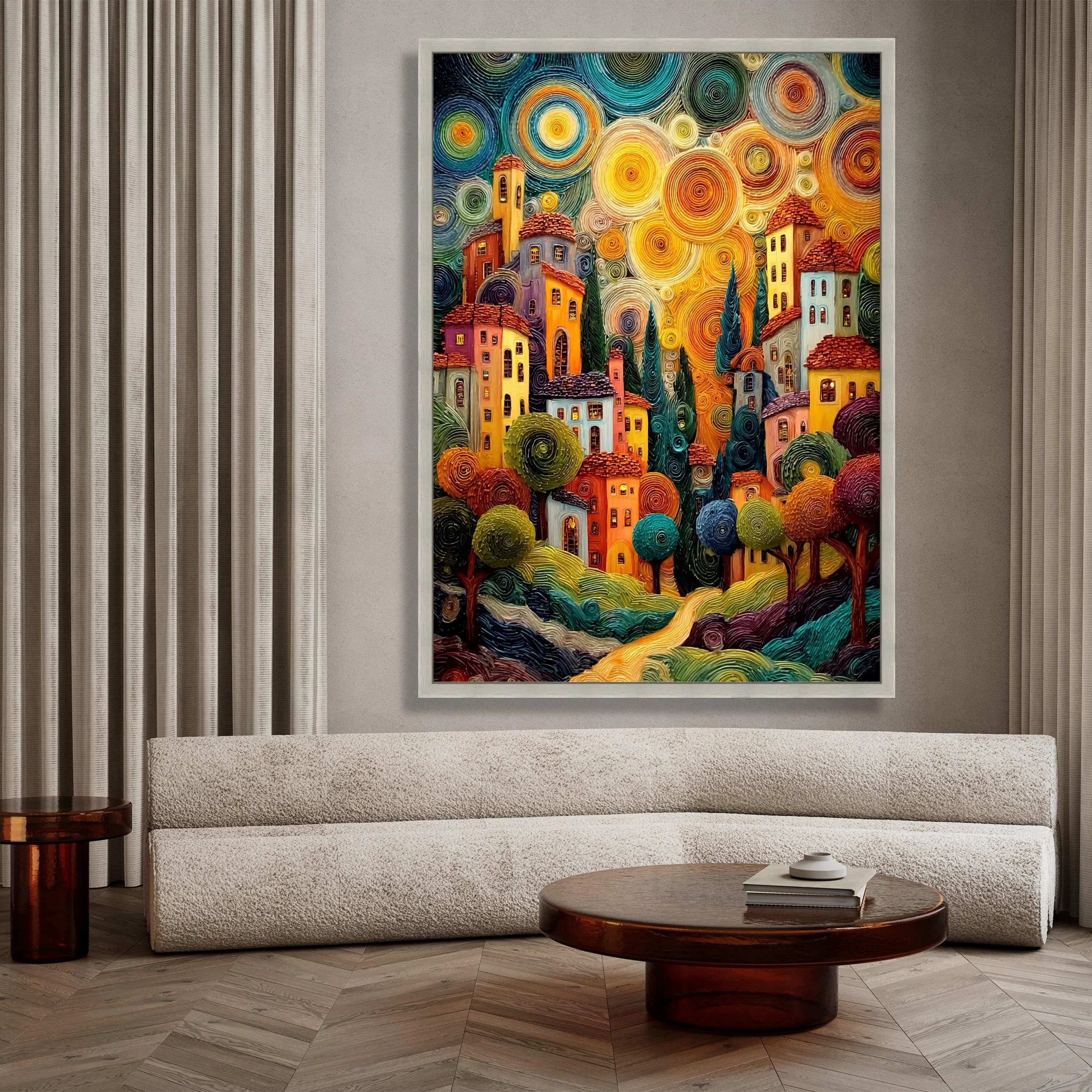 Vibrant Village Landscape Canvas, Colorful Countryside Wall Art, Spiral Sky Painting, Cozy Home Decor, Artistic Canvas Print - image 4
