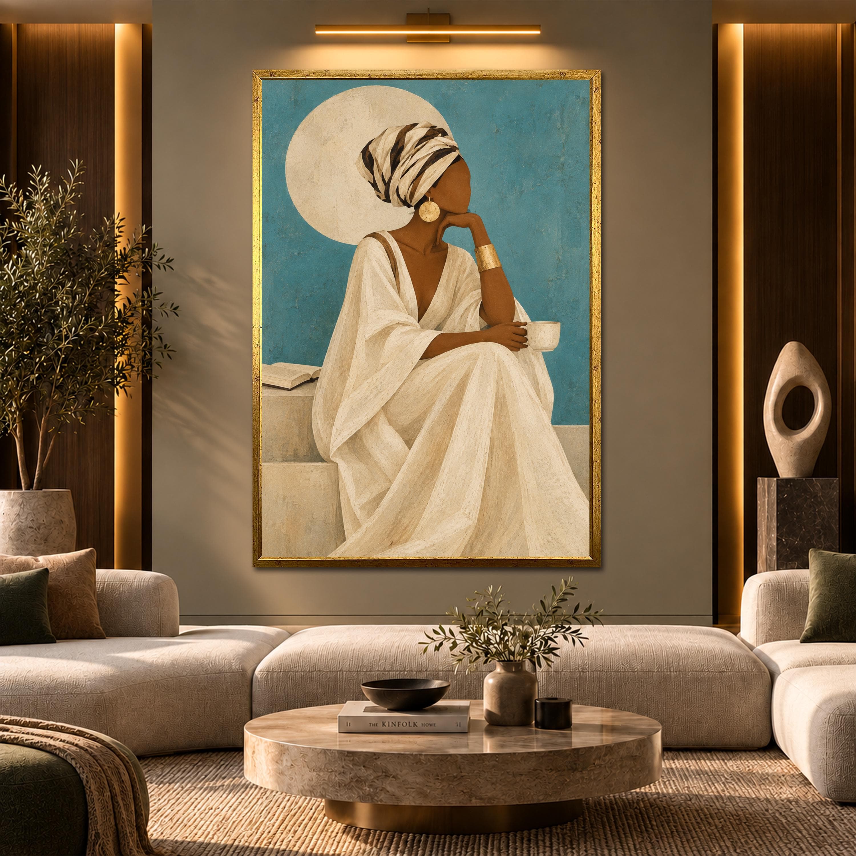 African Woman Canvas Wall Art, Elegant Headwrap Portrait, Blue Boho Decor, Minimalist Feminine Print, Coffee Lover Artwork, Afrocentric Gift - image 3