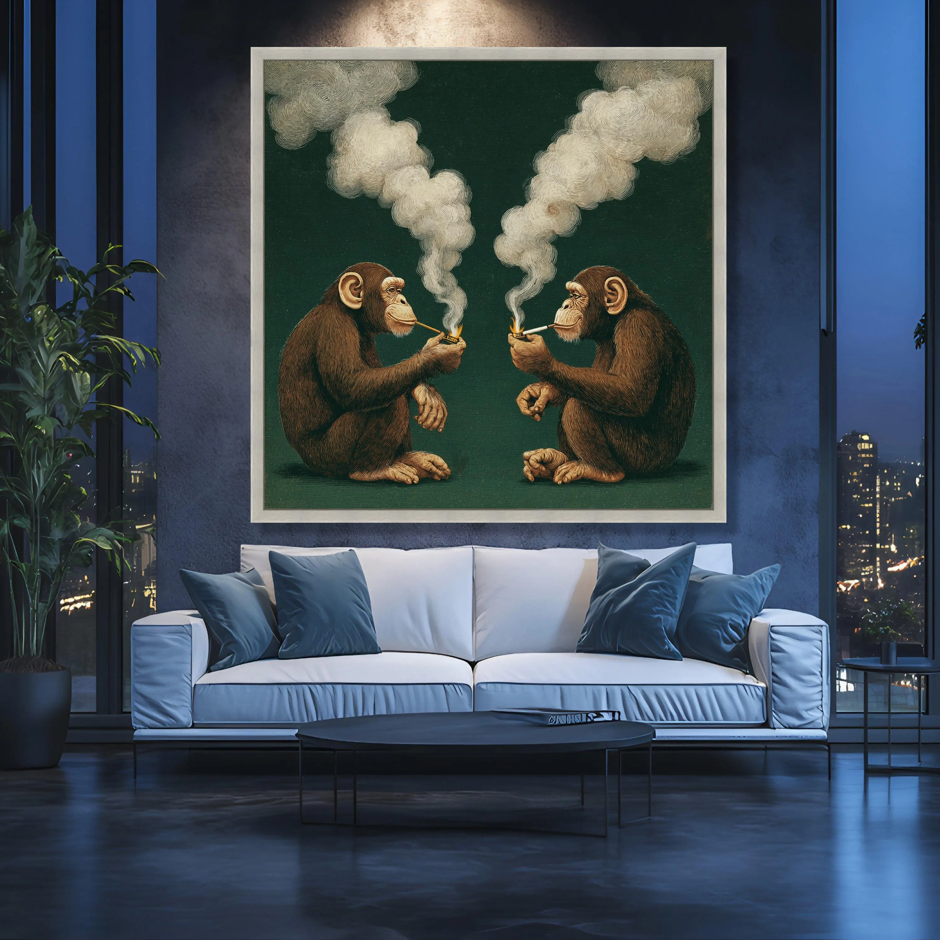 Smoking Chimpanzees Illustration Canvas, Surreal Animal Art, Whimsical Wall Decor, Conversation Scene Canvas, Unique Home Decoration - image 4