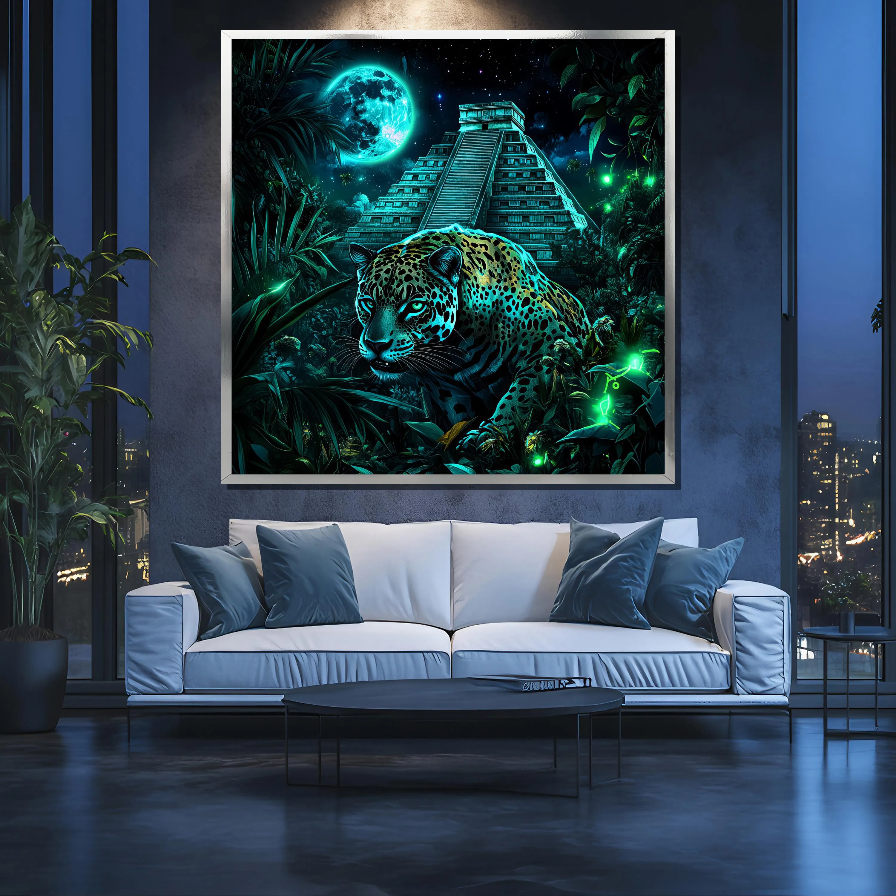 Jaguar Canvas Painting, Mystical Mayan Temple Wall Art with Moonlight, Jungle Animal Artwork for Living Room, Unique Gift Idea - image 5