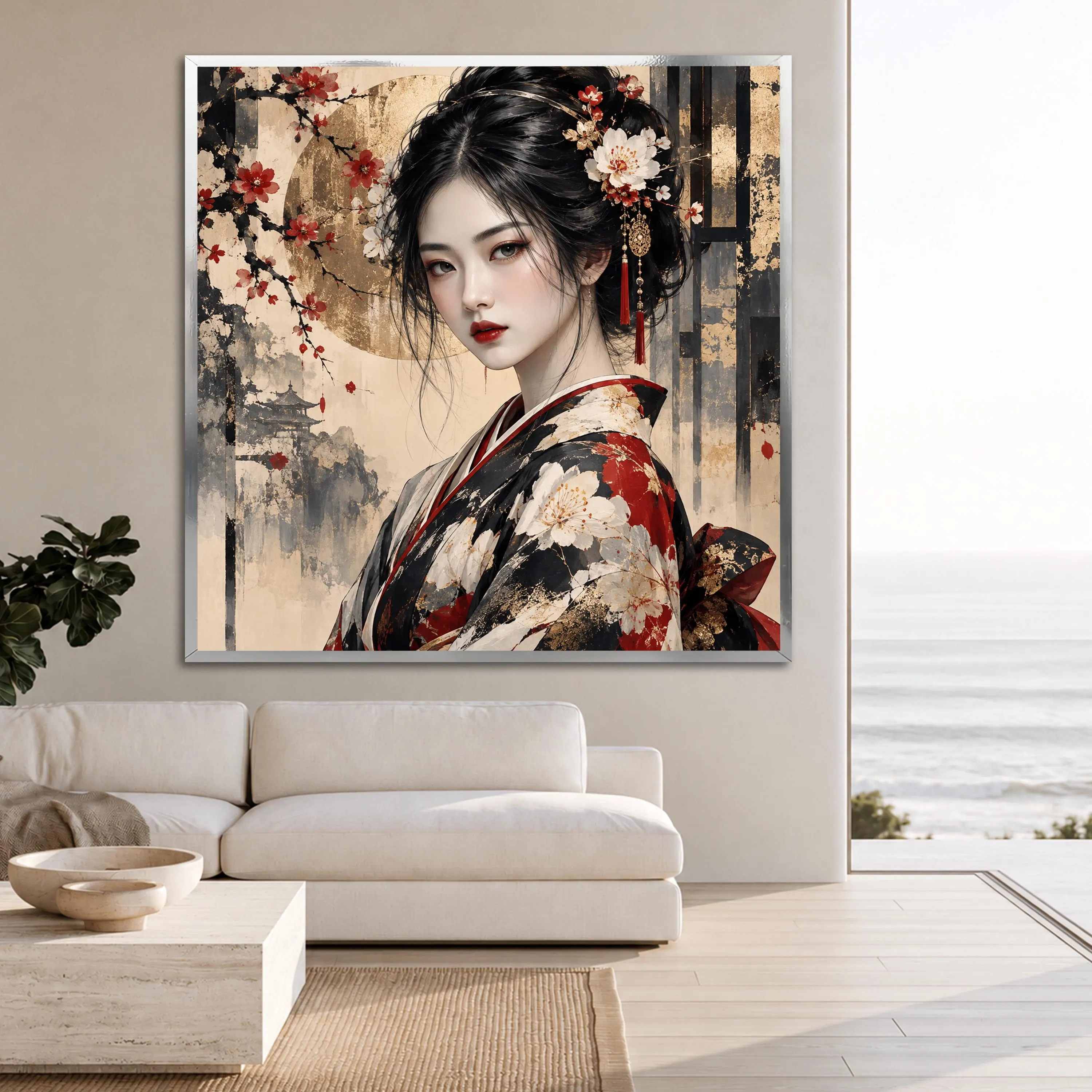Japanese Geisha Canvas Art, Cherry Blossom Woman Portrait, Black Red Kimono Print, Elegant Asian Decor, Oriental Floral Artwork, Japan Gift - image 4