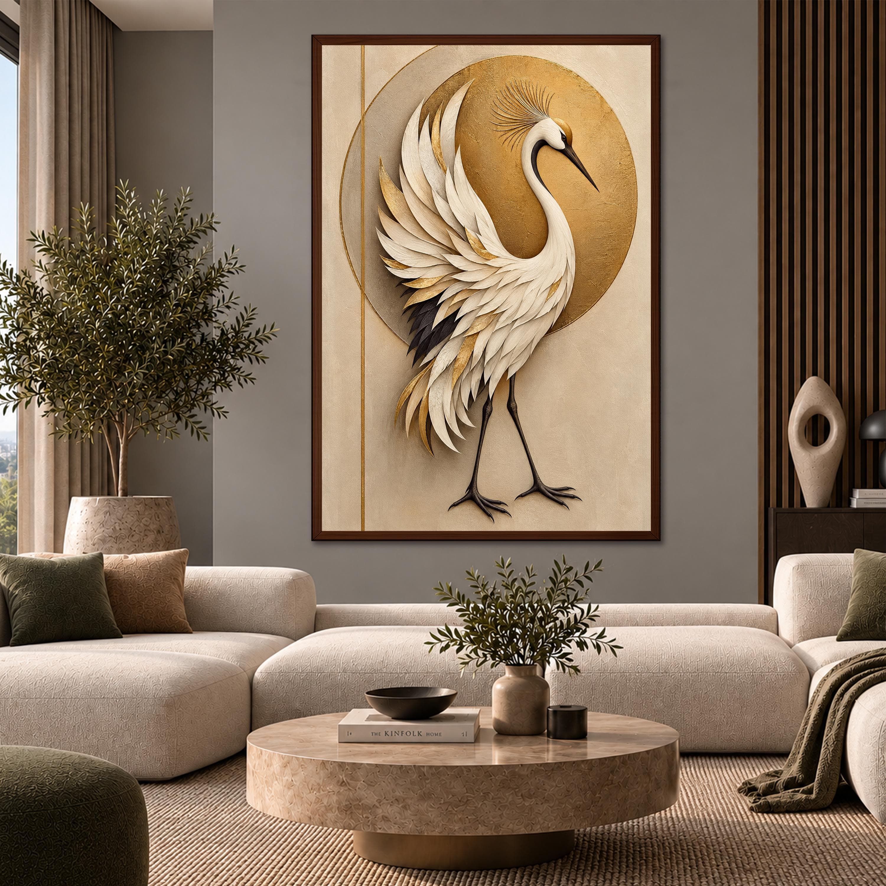 White Crane Canvas Wall Art, Golden Sun Bird Portrait, Elegant Japanese Inspired Print, Beige Neutral Wildlife Decor, Luxury Heron Arts Gift - image 5