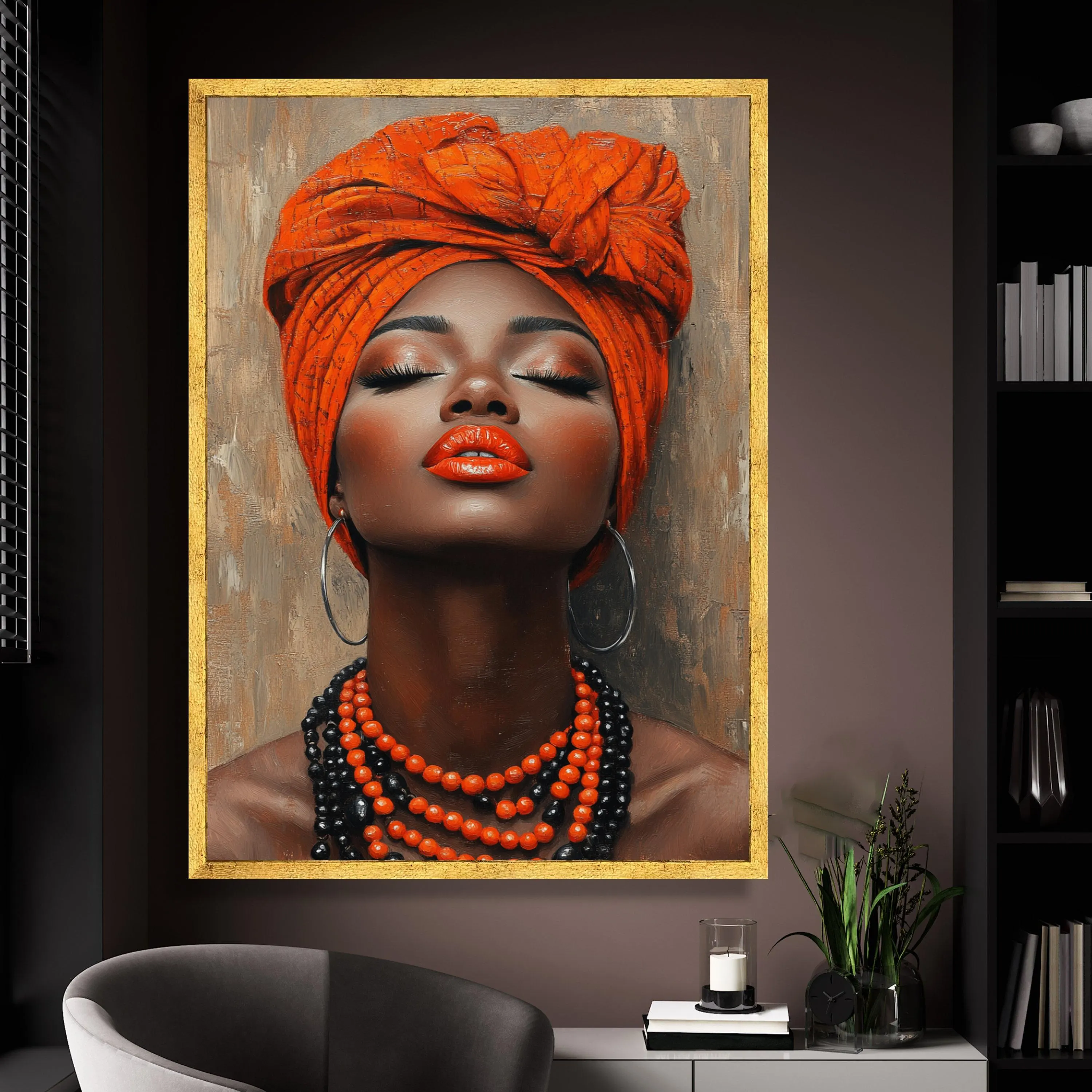 Elegant African Woman Portrait Canvas, Orange Headwrap Wall Art, Glamour Beauty Canvas, Ethnic Decor, Modern Female Artwork - image 3