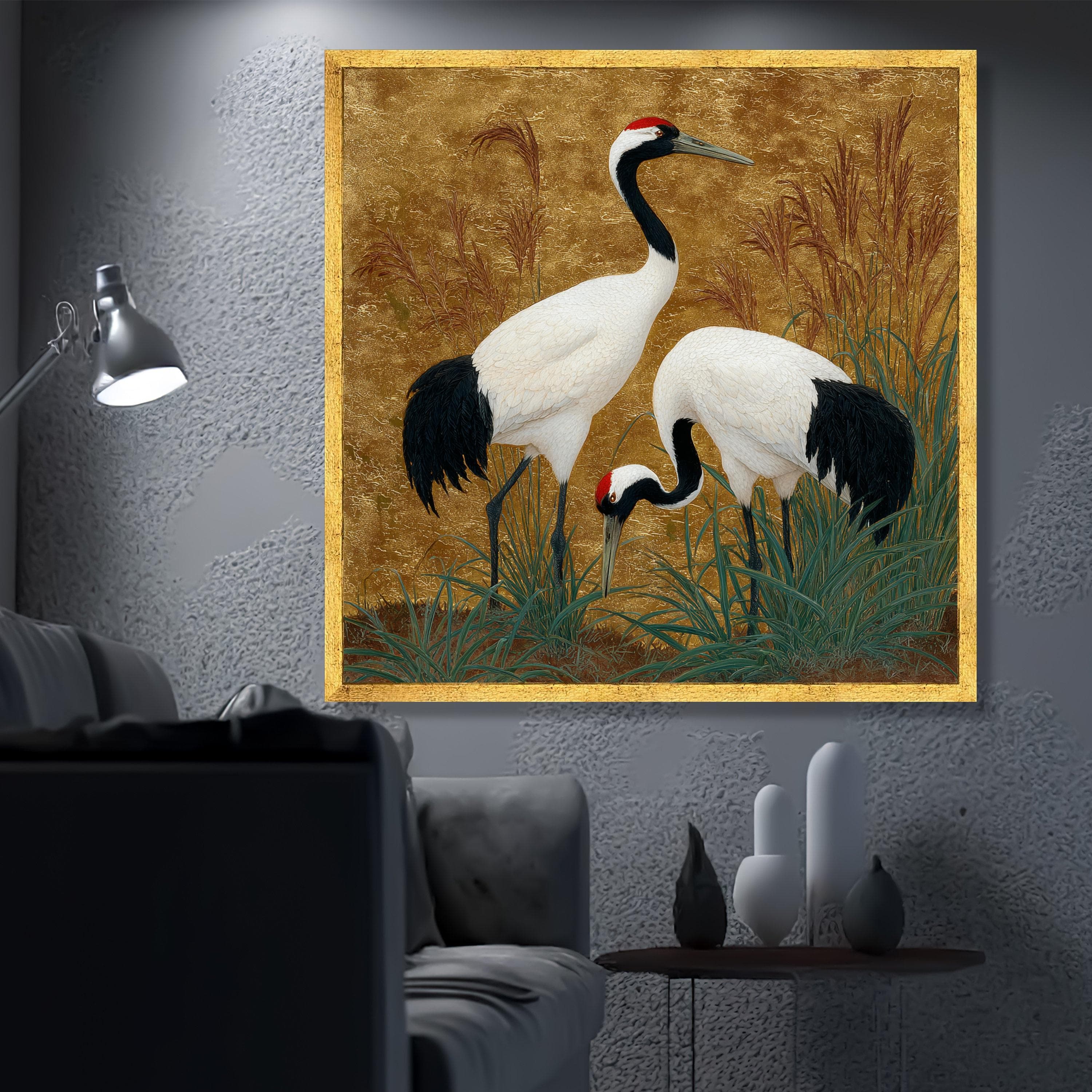 Elegant Red Crowned Cranes, Nature Bird Canvas, Ornamental Wildlife Wall Art, Gold Background Canvas, Home Decor Art Print - image 3
