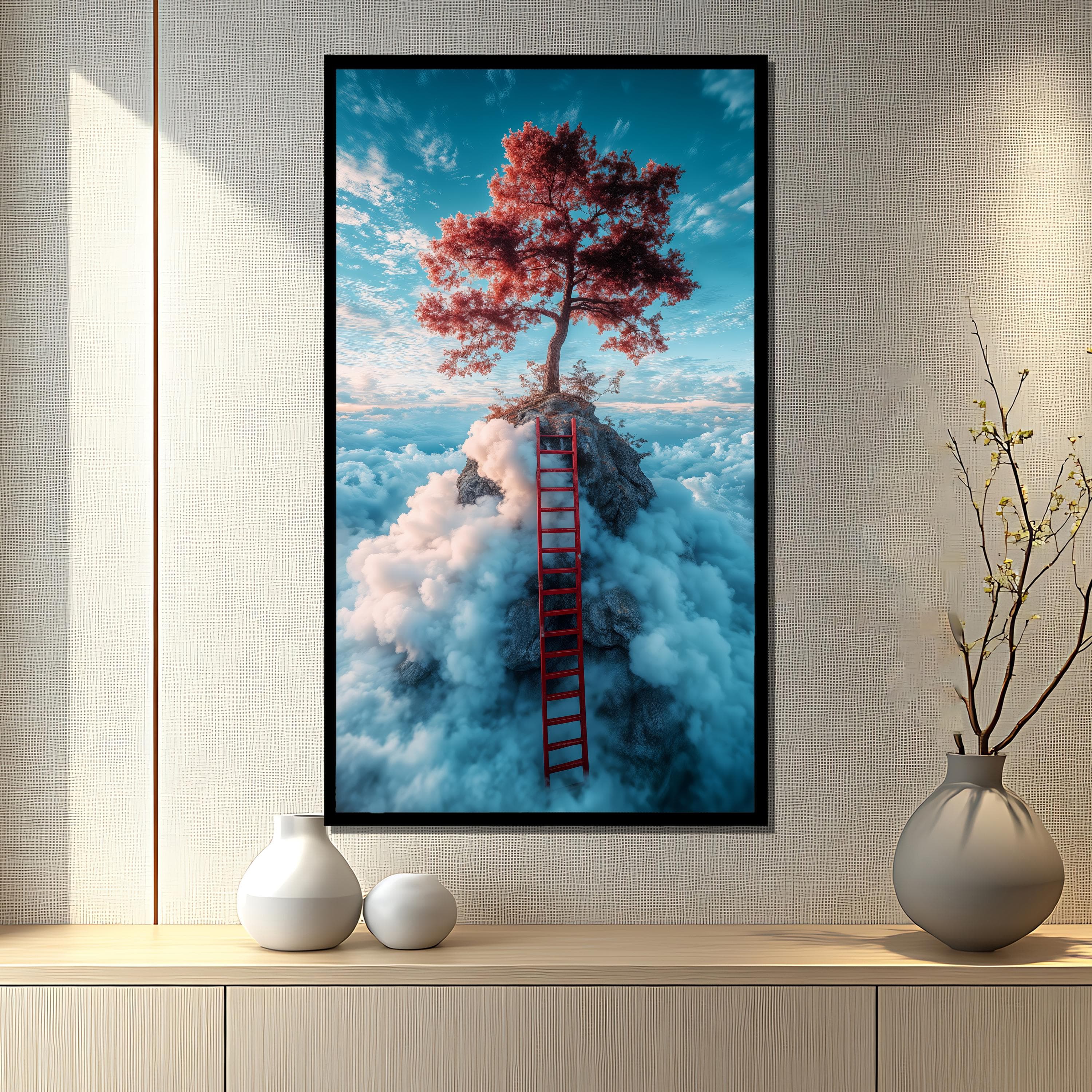 Surreal Tree Canvas Painting, Dreamy Cloud Landscape Wall Art, Fantasy Red Tree Print, Whimsical Sky Decor, Mystical Nature Gift for Home - image 4