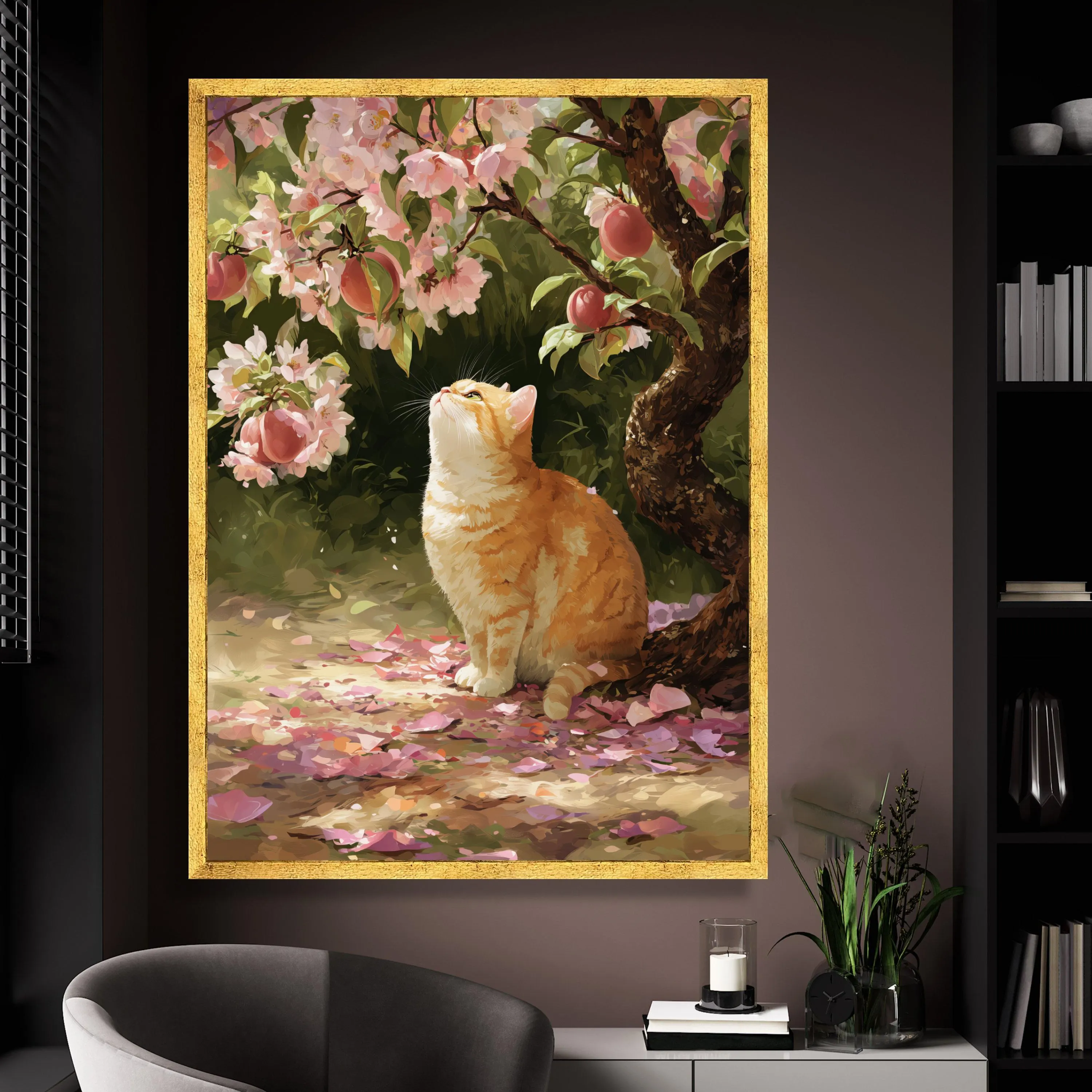 Curious Orange Tabby Cat Under Peach Blossom Tree, Floral Spring Wall Art, Nature Pet Illustration, Garden Home Decor, Housewarming Art Gift - image 3