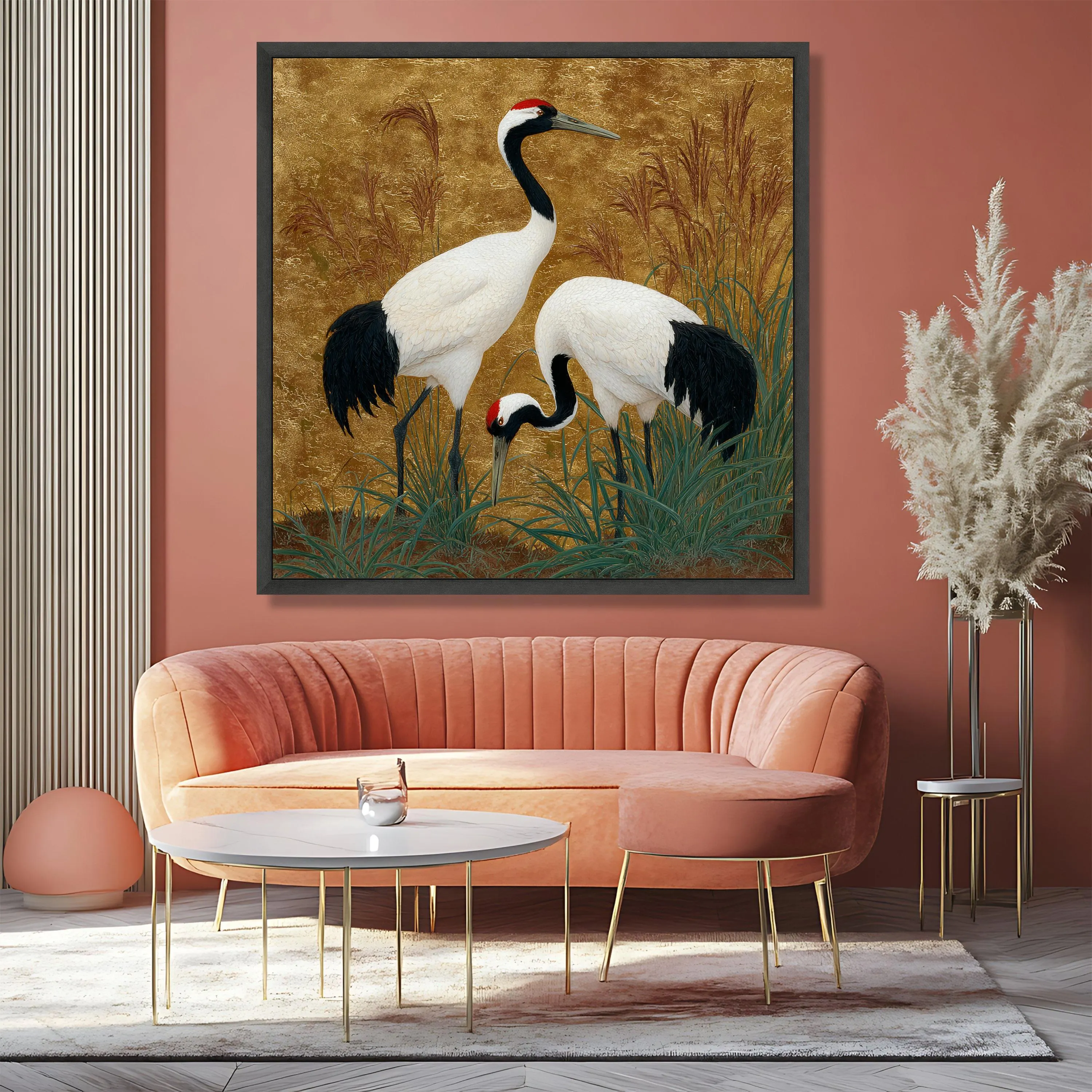 Elegant Red Crowned Cranes, Nature Bird Canvas, Ornamental Wildlife Wall Art, Gold Background Canvas, Home Decor Art Print - image 5