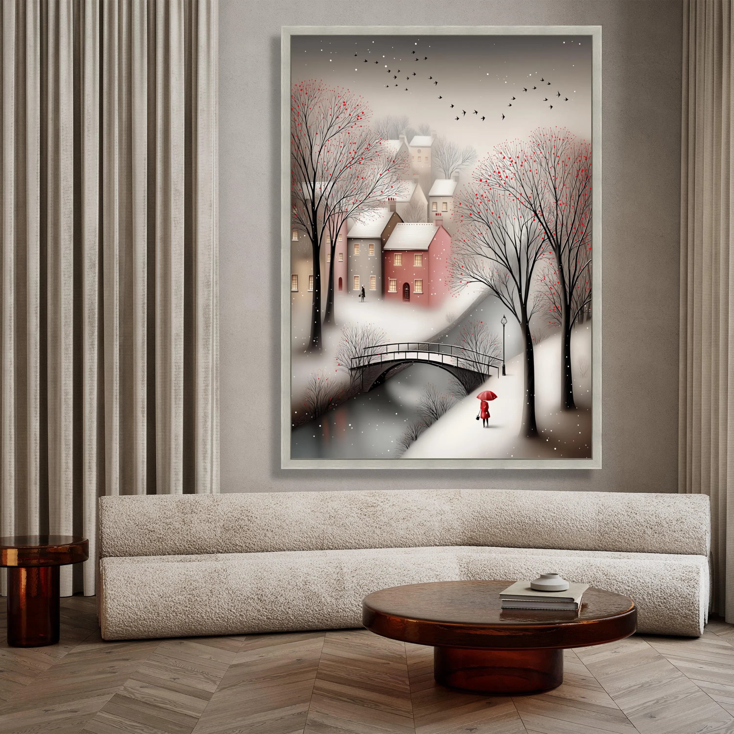 Winter Village Scene Canvas, Snowy Landscape Wall Art, Red Umbrella Woman, Bare Trees with Berries, Bridge over River Print, Winter Art Gift - image 4