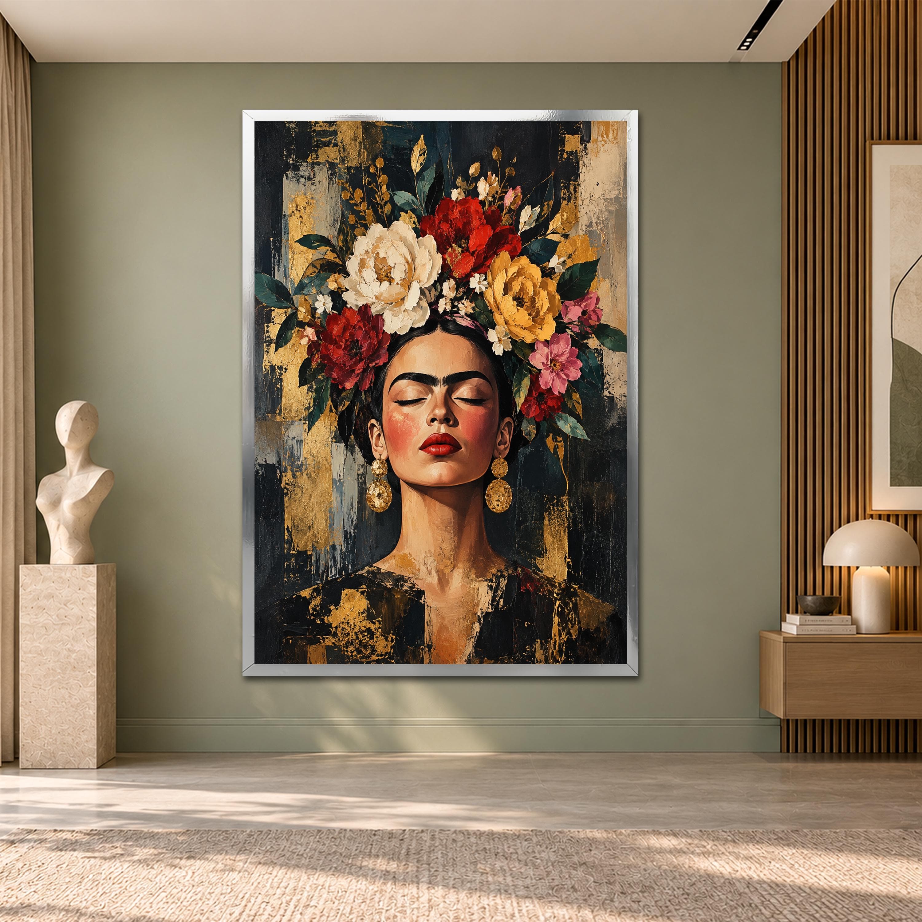 Frida Kahlo Style Canvas Wall Art, Floral Woman Portrait, Colorful Flower Art Print, Boho Mexican Wall Decor, Feminine Art Gift - image 4