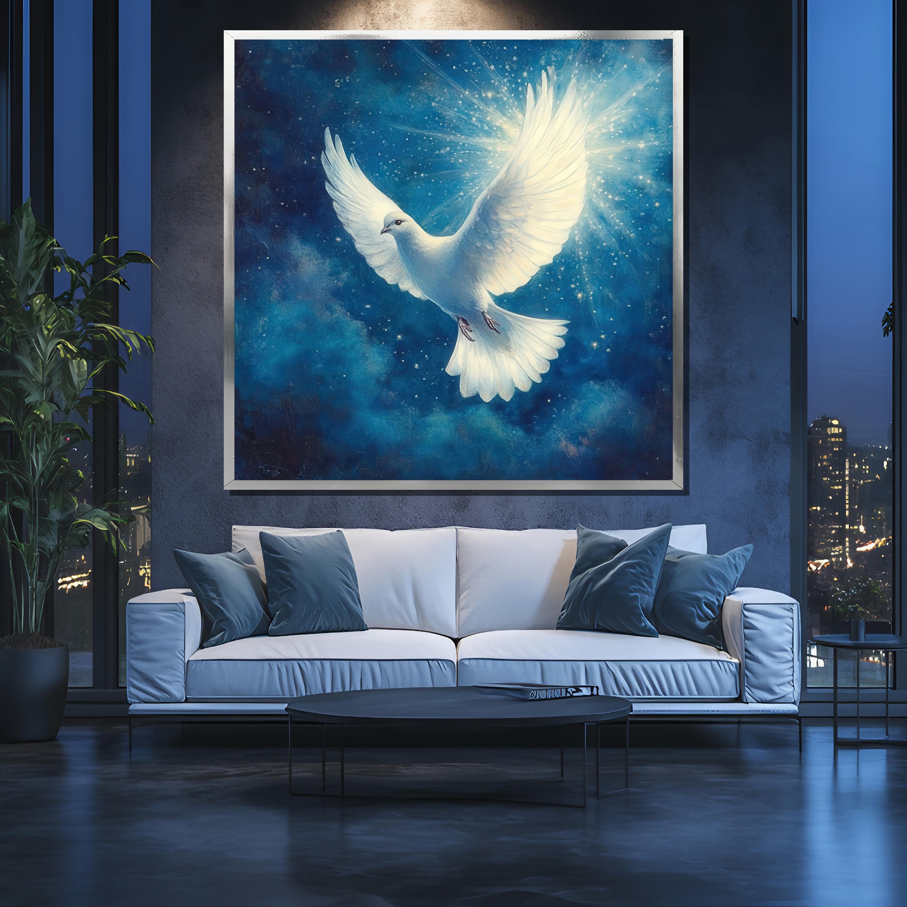 White Dove Canvas Painting, Peaceful Blue Wall Art, Spiritual Bird Artwork on Deep Sky Background, Perfect for Living Room, Unique Gift - image 5
