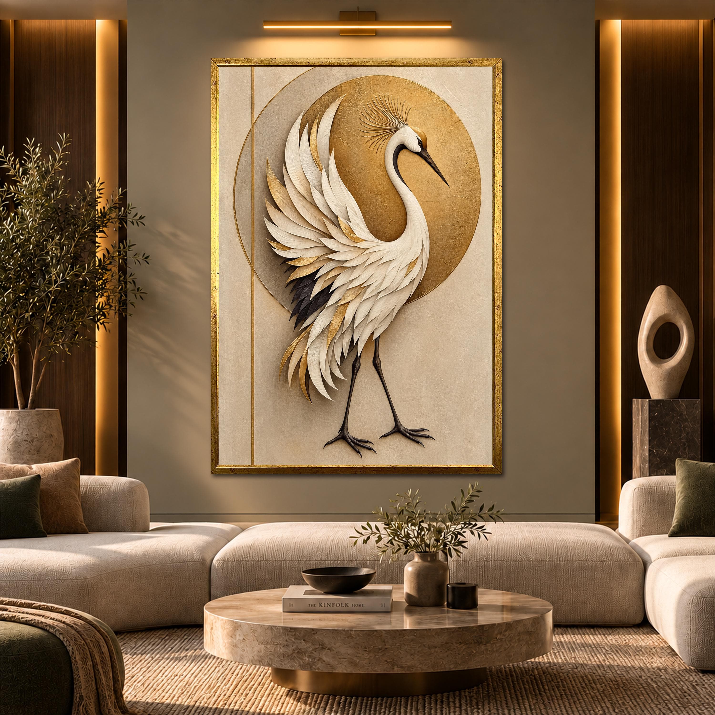 White Crane Canvas Wall Art, Golden Sun Bird Portrait, Elegant Japanese Inspired Print, Beige Neutral Wildlife Decor, Luxury Heron Arts Gift - image 3