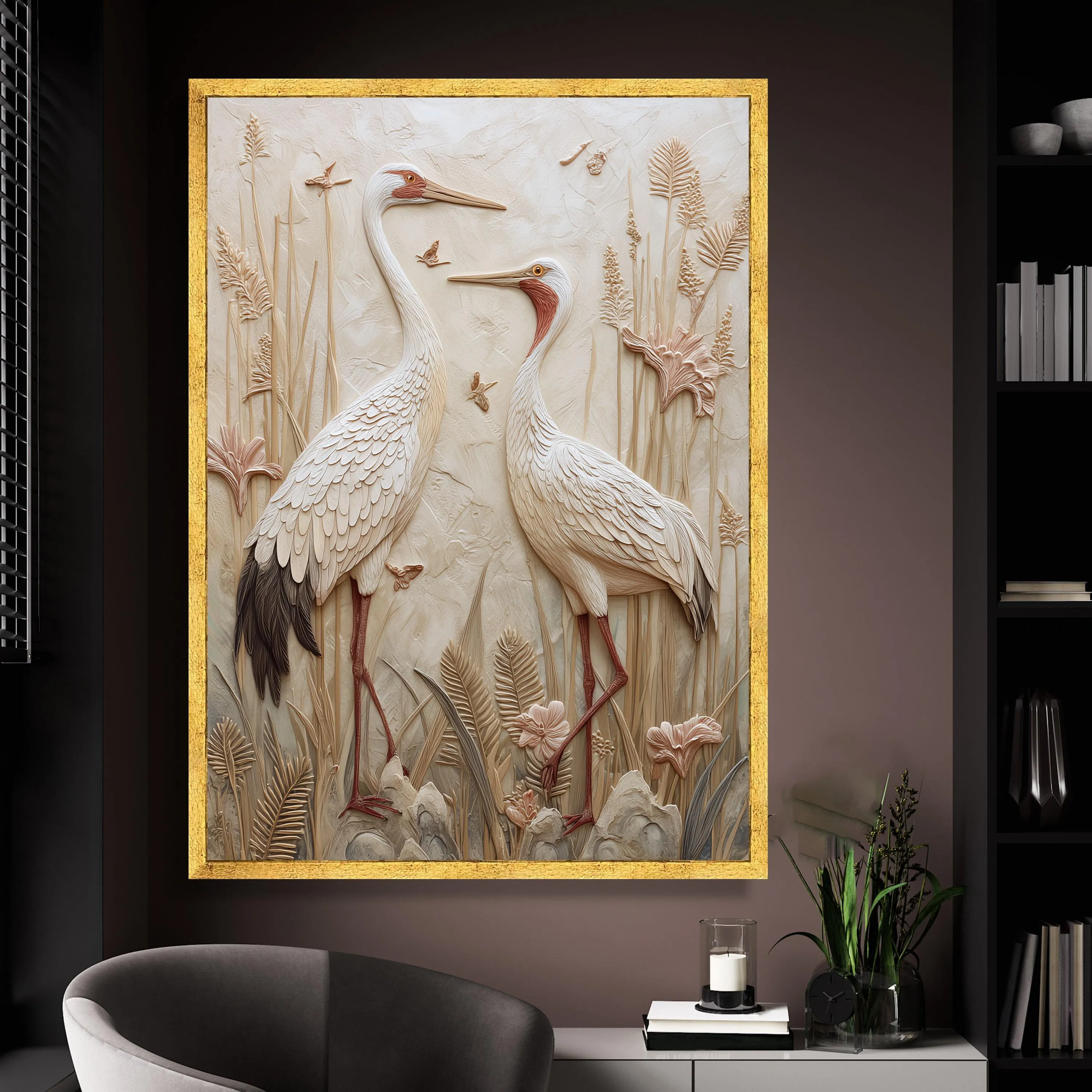Elegant Crane Birds Canvas Wall Art, Wildlife Decor, Effect, Neutral Tones, Botanical Scene, Housewarming Art Gift, Ready to Hang Art Canvas - image 3