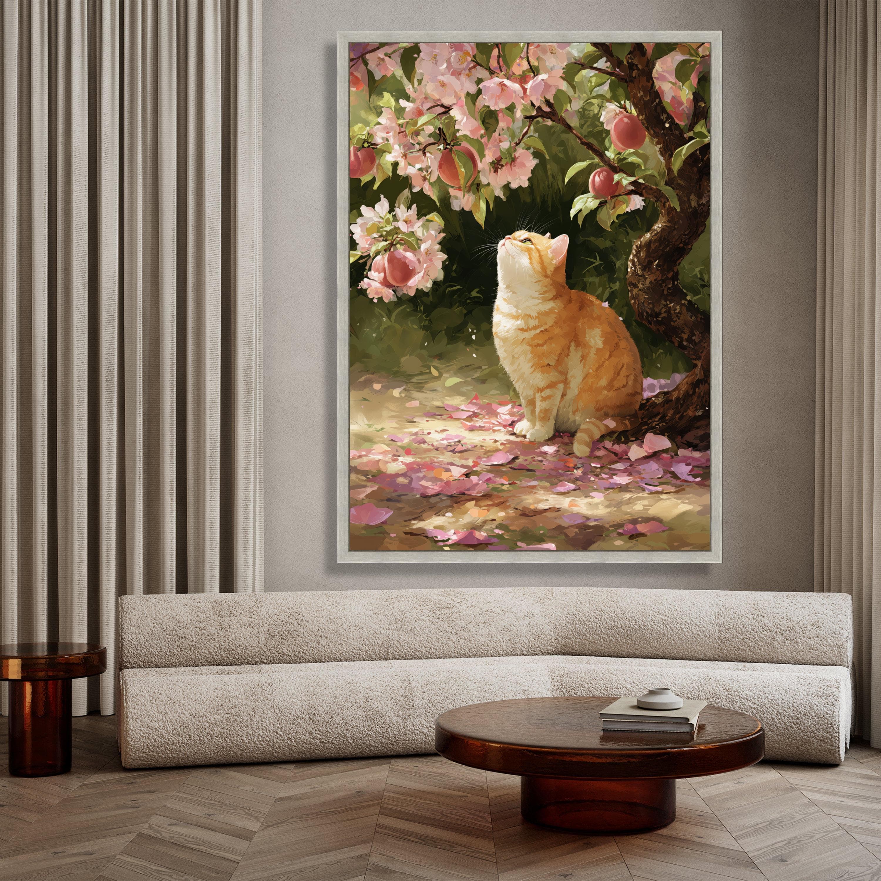 Curious Orange Tabby Cat Under Peach Blossom Tree, Floral Spring Wall Art, Nature Pet Illustration, Garden Home Decor, Housewarming Art Gift - image 4