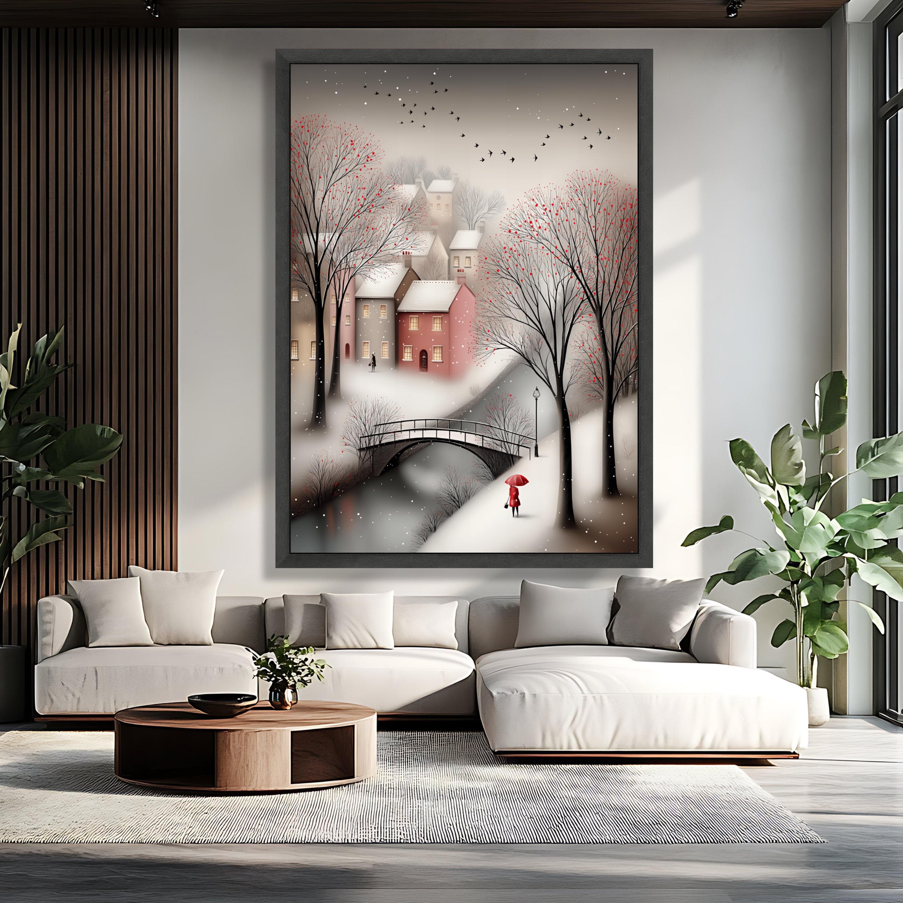 Winter Village Scene Canvas, Snowy Landscape Wall Art, Red Umbrella Woman, Bare Trees with Berries, Bridge over River Print, Winter Art Gift - image 5