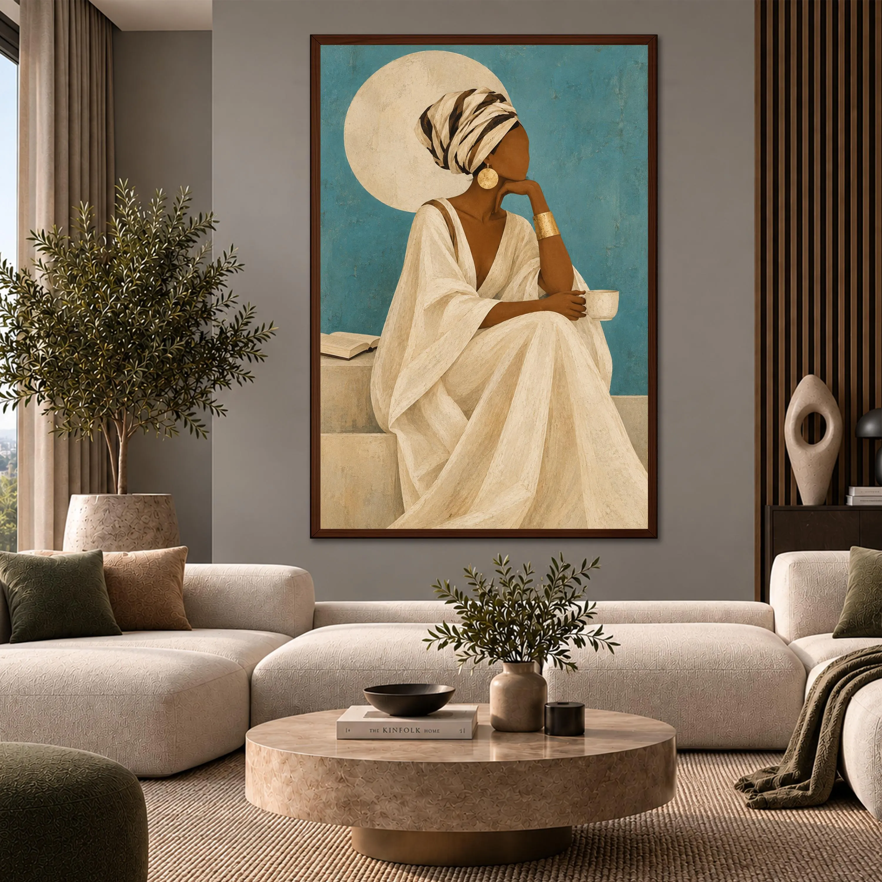 African Woman Canvas Wall Art, Elegant Headwrap Portrait, Blue Boho Decor, Minimalist Feminine Print, Coffee Lover Artwork, Afrocentric Gift - image 5
