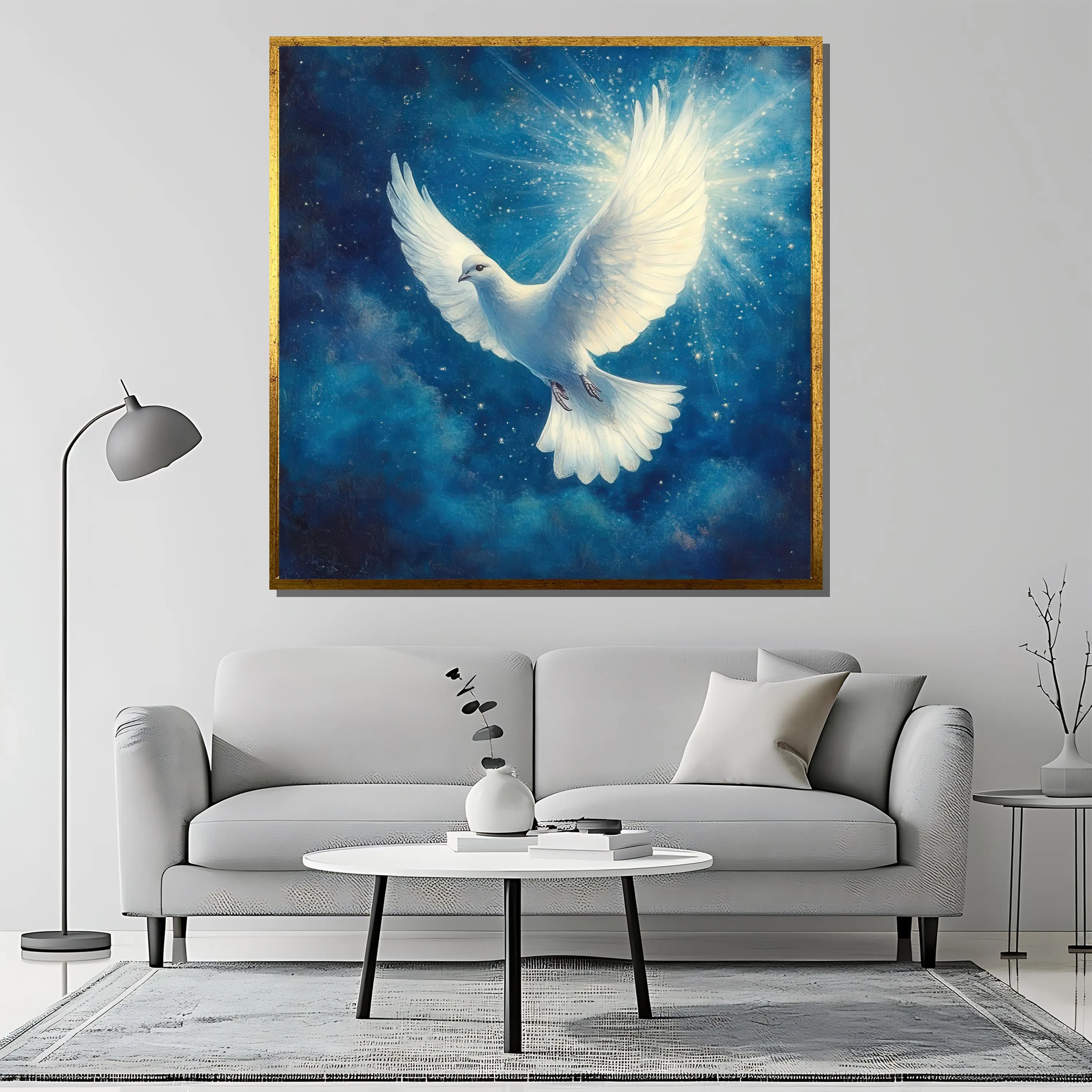 White Dove Canvas Painting, Peaceful Blue Wall Art, Spiritual Bird Artwork on Deep Sky Background, Perfect for Living Room, Unique Gift - image 3