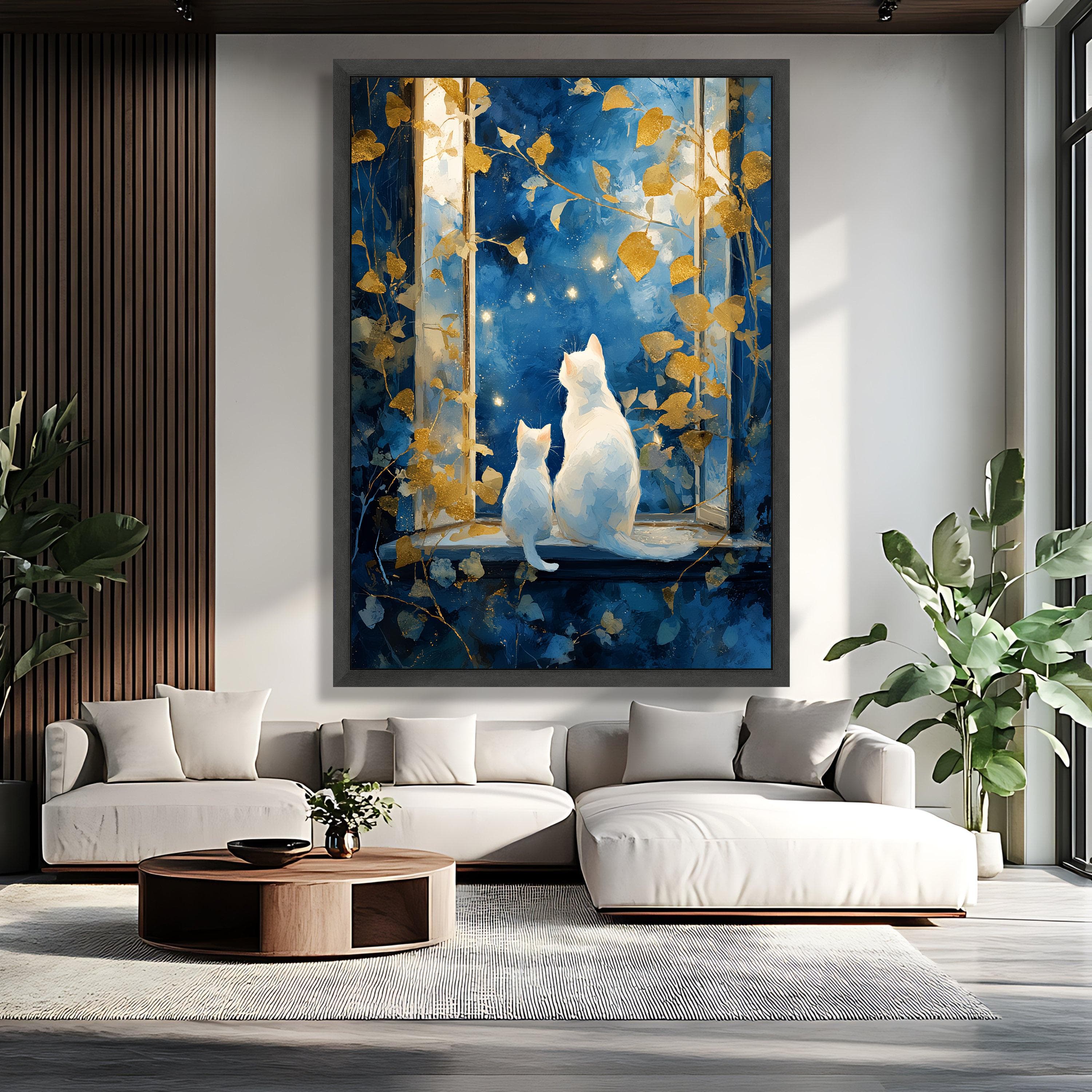 Magical Night Sky Cats Canvas, White Cat Silhouette Wall Art, Starry Window Scene, Blue Gold Leaves Canvas, Whimsical Home Art, Unique Gift - image 5