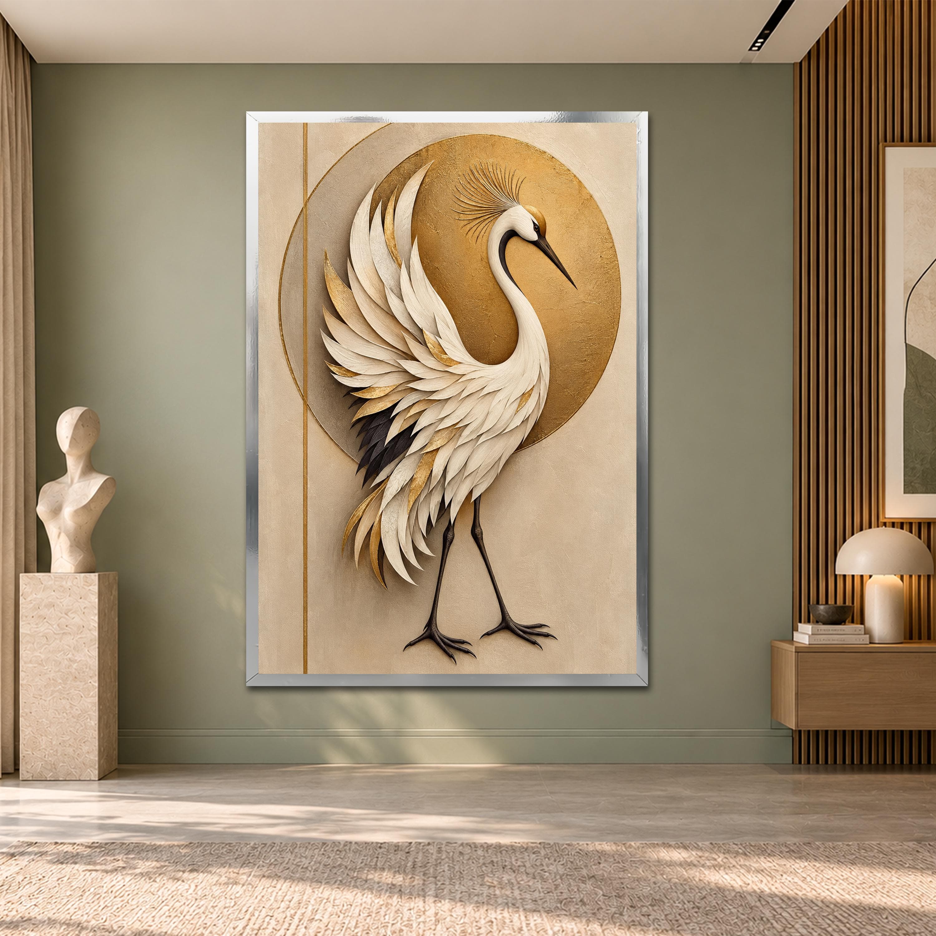 White Crane Canvas Wall Art, Golden Sun Bird Portrait, Elegant Japanese Inspired Print, Beige Neutral Wildlife Decor, Luxury Heron Arts Gift - image 4