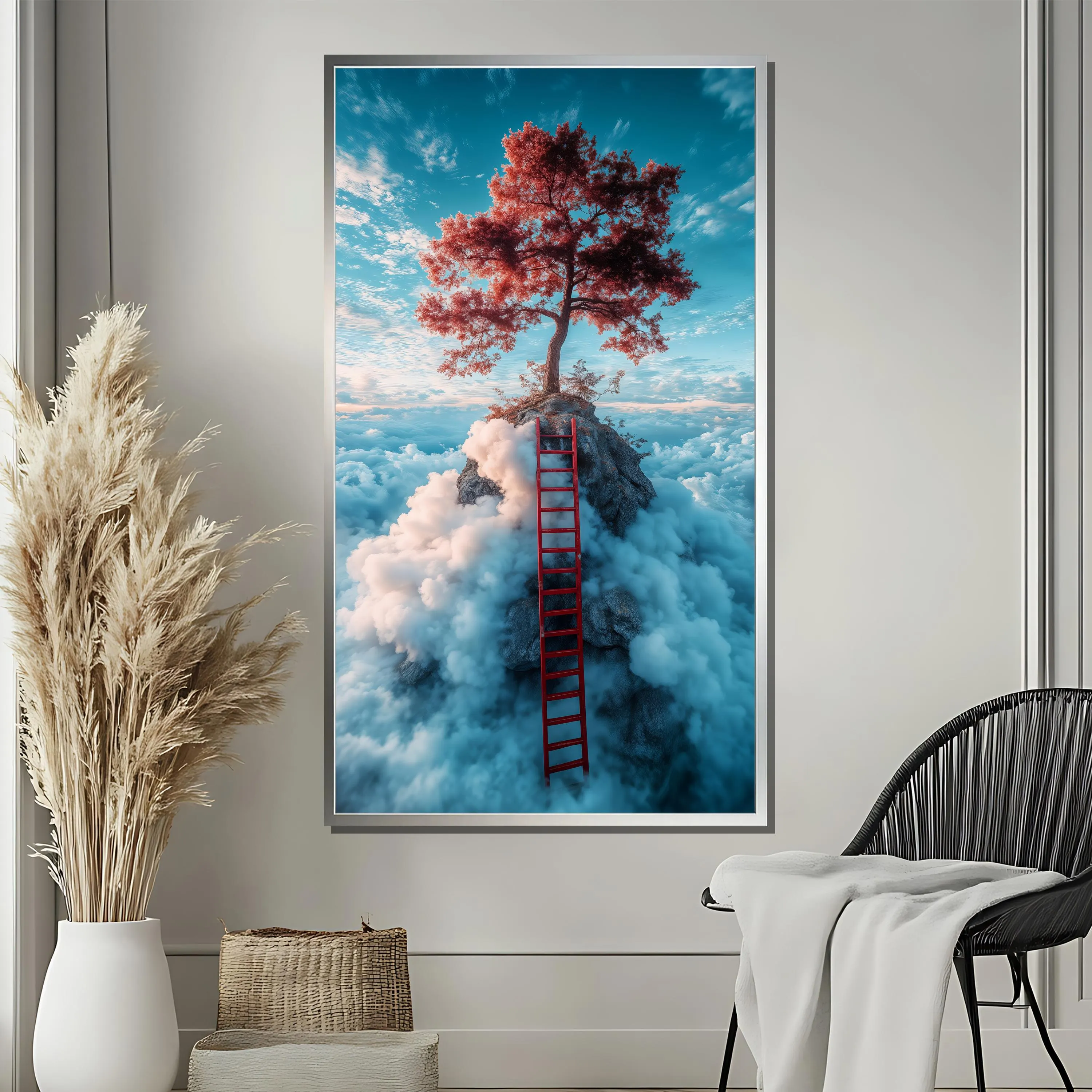 Surreal Tree Canvas Painting, Dreamy Cloud Landscape Wall Art, Fantasy Red Tree Print, Whimsical Sky Decor, Mystical Nature Gift for Home - image 5