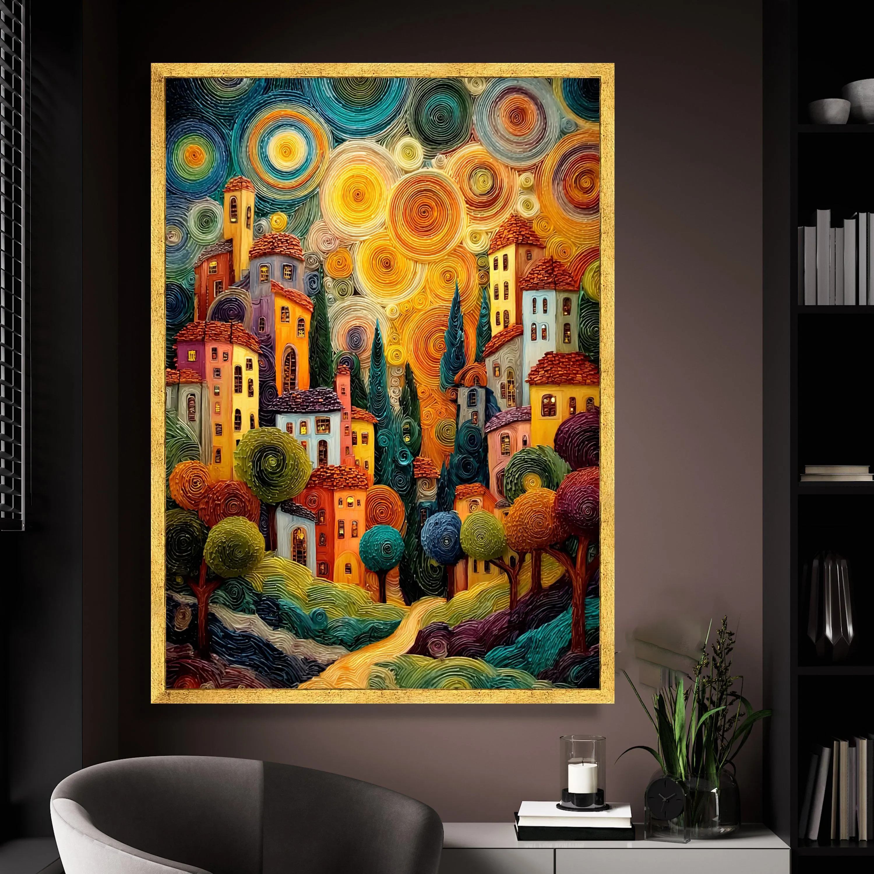 Vibrant Village Landscape Canvas, Colorful Countryside Wall Art, Spiral Sky Painting, Cozy Home Decor, Artistic Canvas Print - image 3