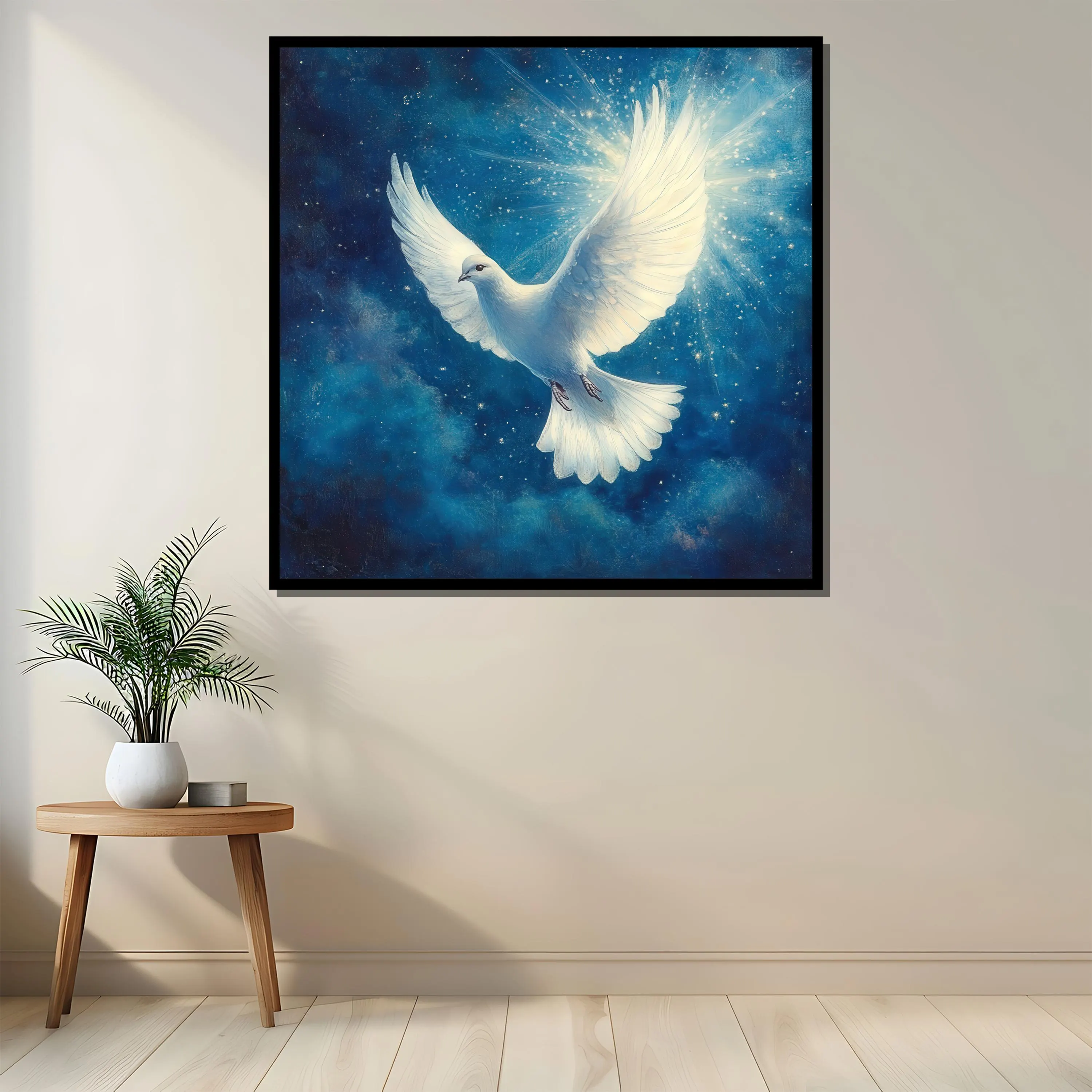 White Dove Canvas Painting, Peaceful Blue Wall Art, Spiritual Bird Artwork on Deep Sky Background, Perfect for Living Room, Unique Gift - image 4