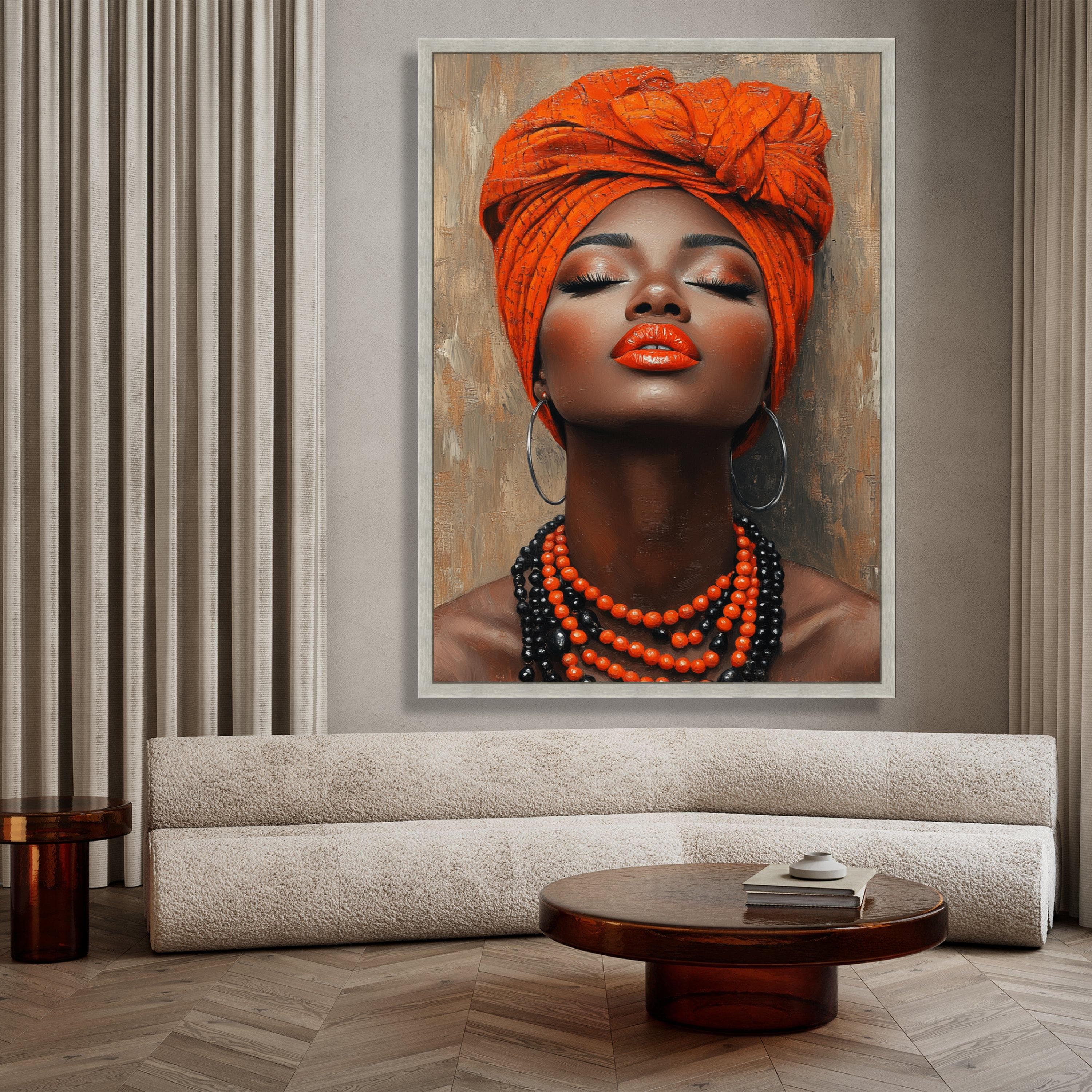 Elegant African Woman Portrait Canvas, Orange Headwrap Wall Art, Glamour Beauty Canvas, Ethnic Decor, Modern Female Artwork - image 4