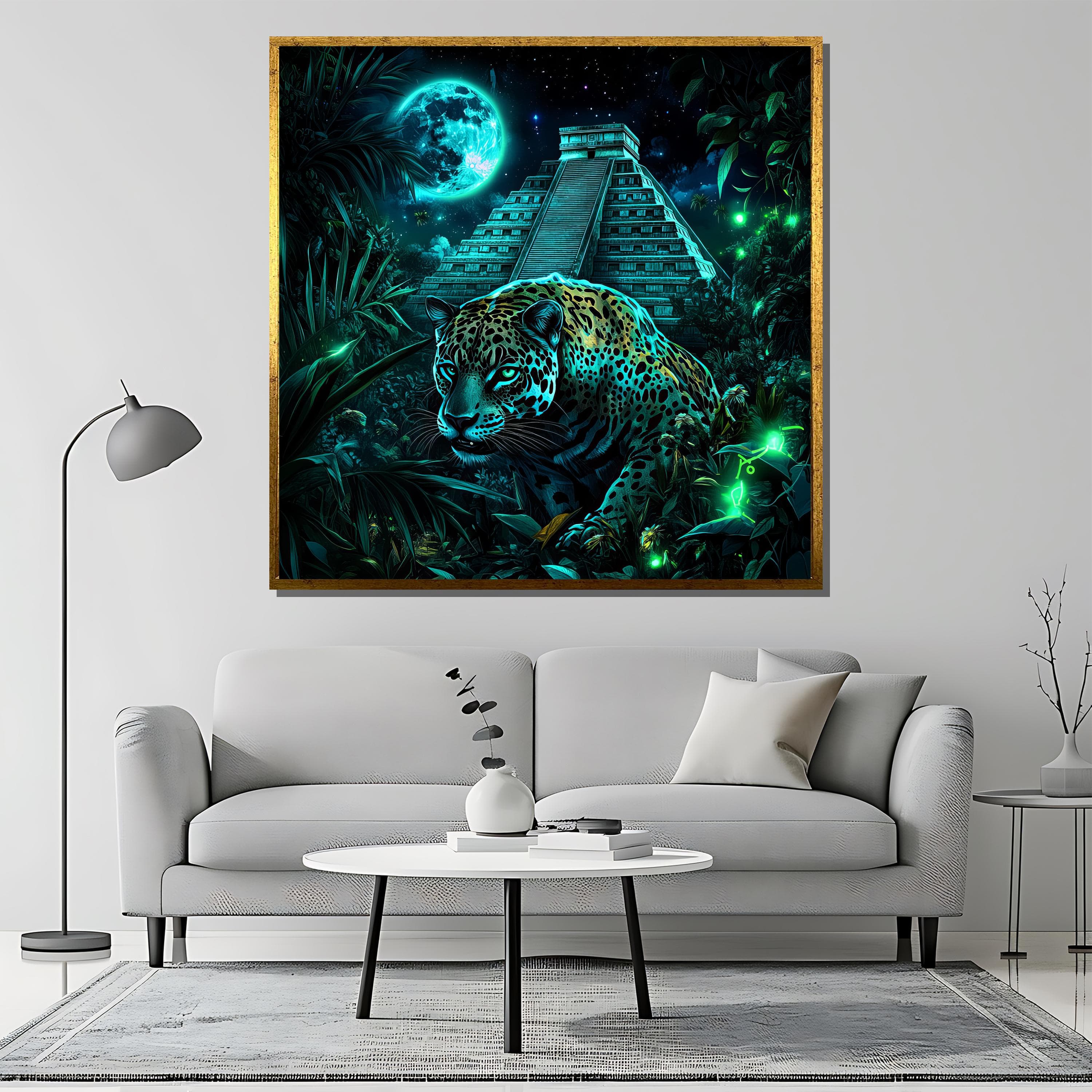 Jaguar Canvas Painting, Mystical Mayan Temple Wall Art with Moonlight, Jungle Animal Artwork for Living Room, Unique Gift Idea - image 3