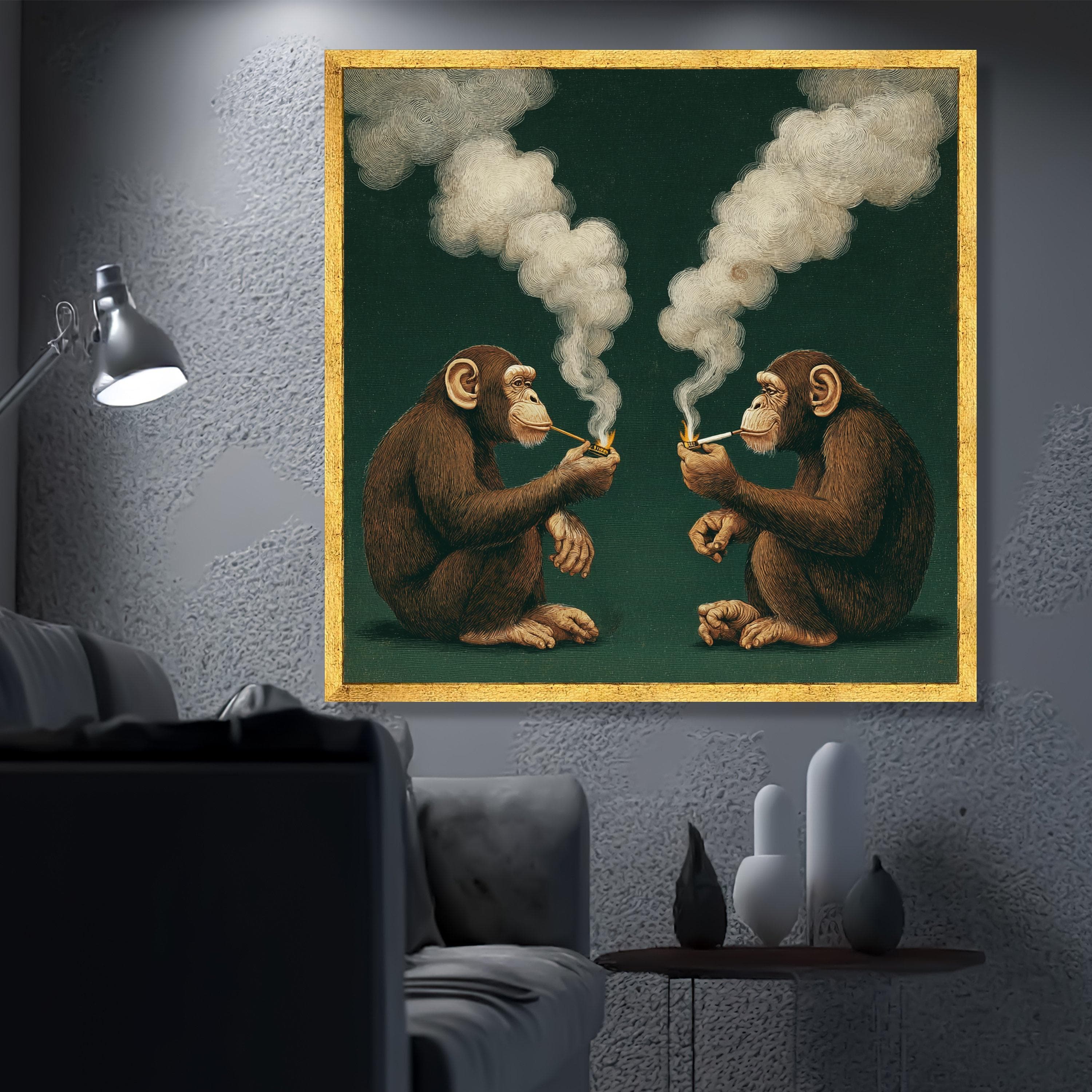 Smoking Chimpanzees Illustration Canvas, Surreal Animal Art, Whimsical Wall Decor, Conversation Scene Canvas, Unique Home Decoration - image 3