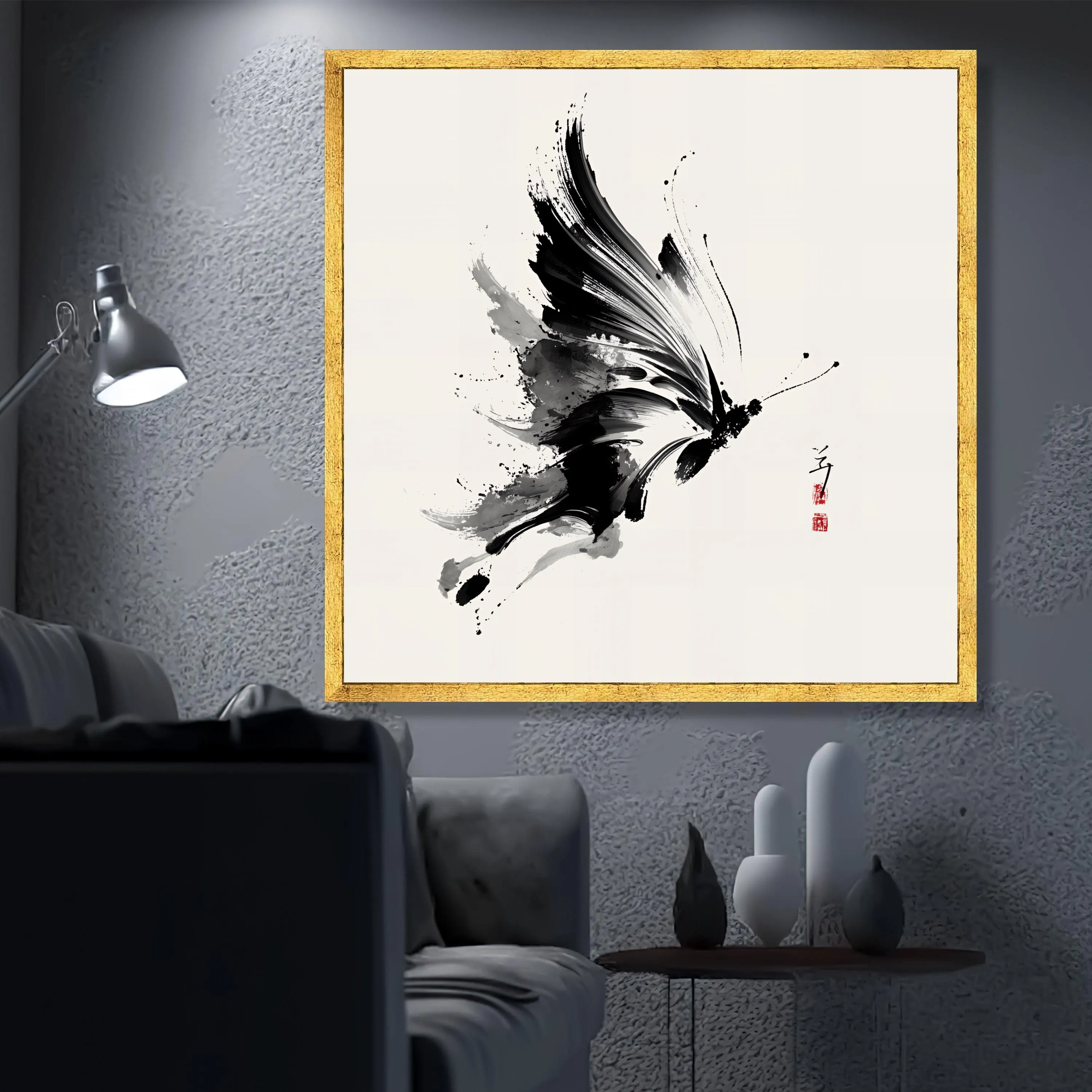 Elegant Black Ink Butterfly Canvas, Abstract Japanese Sumi-e Art, Minimalist Wall Decor Print , Asian Style Canvas Wall Art for Home Gift - image 3