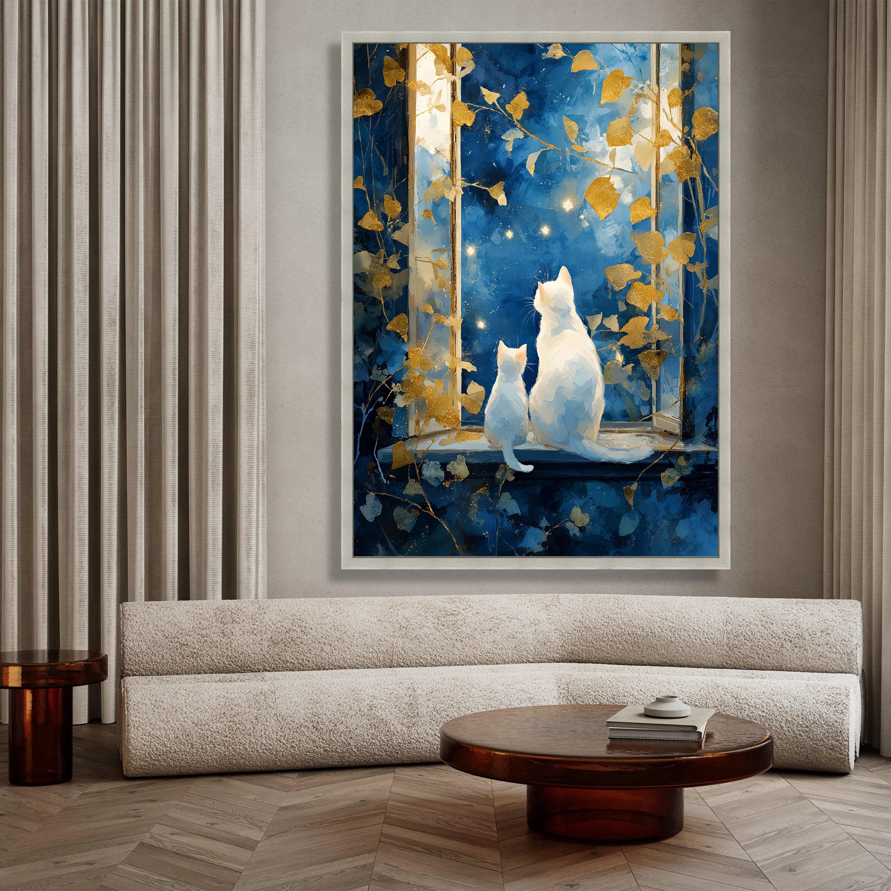 Magical Night Sky Cats Canvas, White Cat Silhouette Wall Art, Starry Window Scene, Blue Gold Leaves Canvas, Whimsical Home Art, Unique Gift - image 4