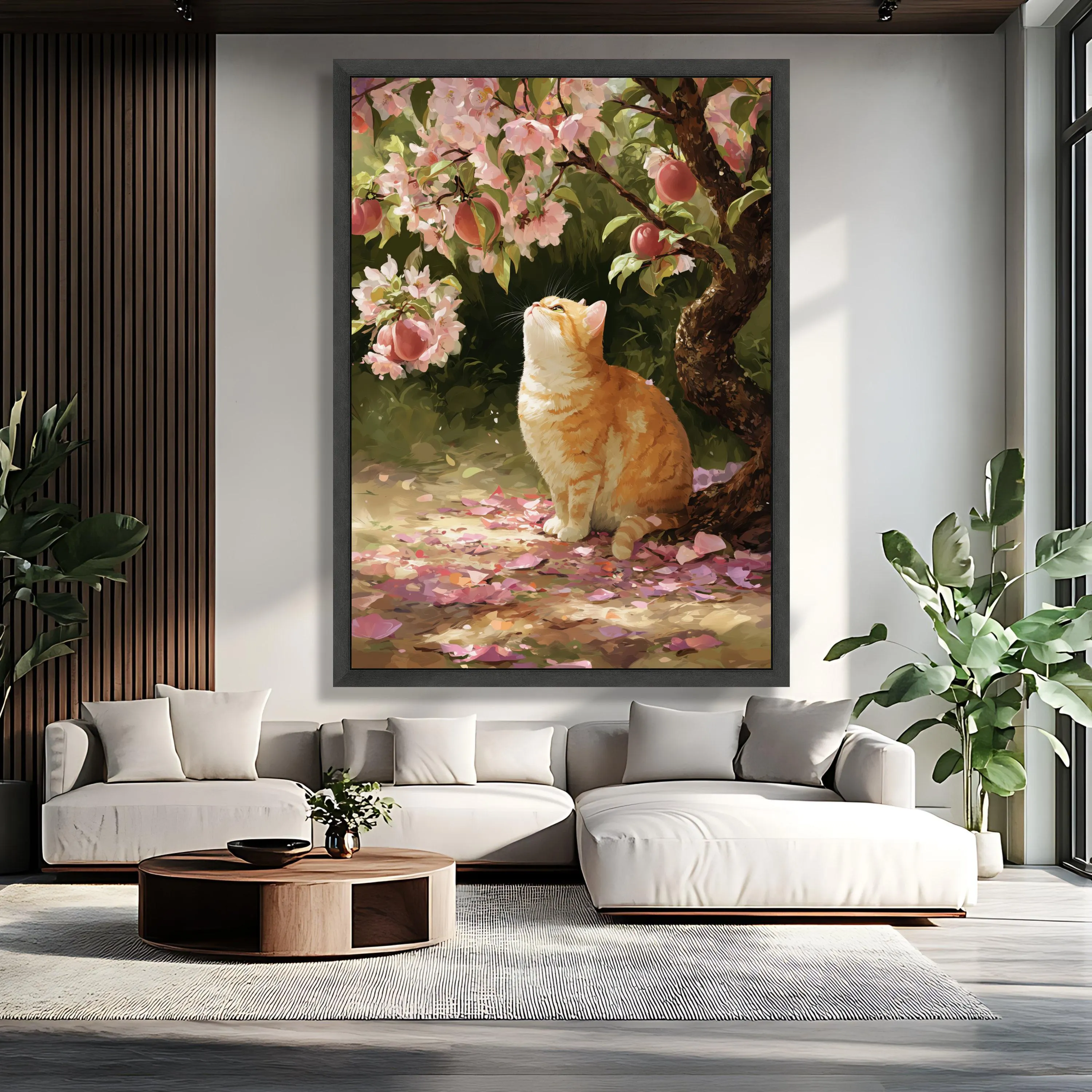 Curious Orange Tabby Cat Under Peach Blossom Tree, Floral Spring Wall Art, Nature Pet Illustration, Garden Home Decor, Housewarming Art Gift - image 5