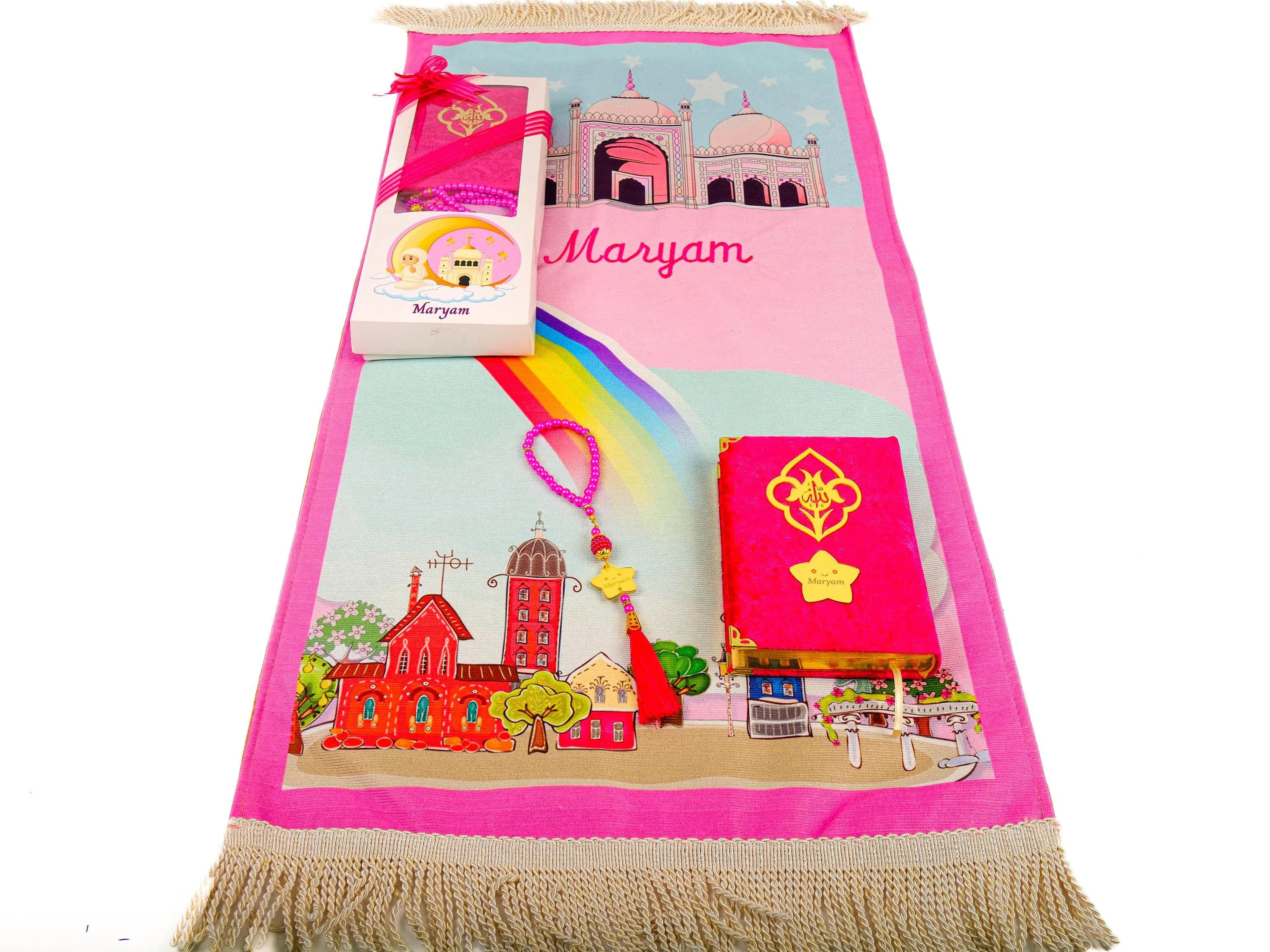 Personalized Kids Prayer Rug Set, Custom Prayer Mat Quran Tasbih Set, Quran Graduation Gift, Ameen Celebration, Eid Ramadan Gift Kids