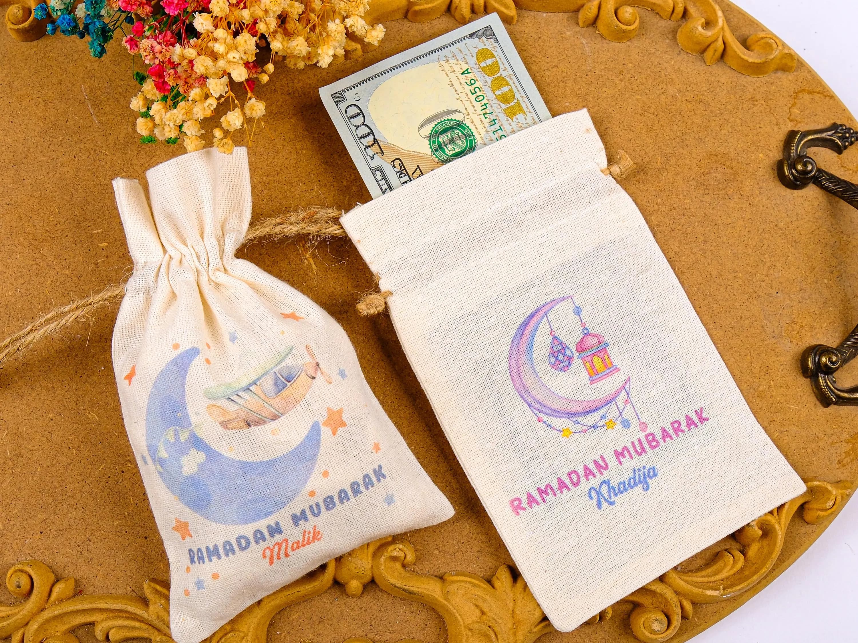 Personalized Eid Gift Bag for Kids - Custom Ramadan Favor Pouch - Islamic Party Goodie Bag - Cotton Treat Bag with Name - Gif Bag for Guests