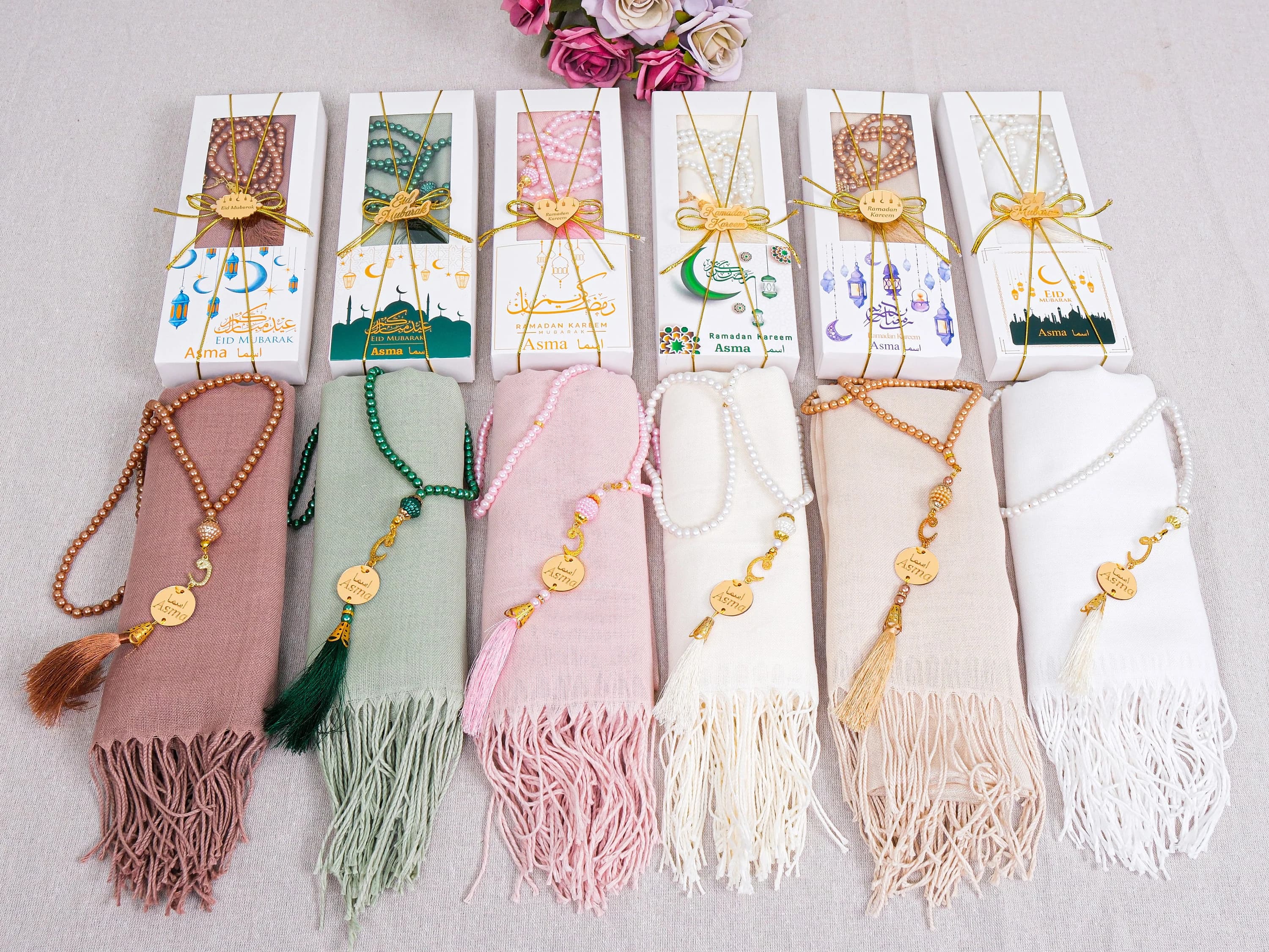 Personalized Pashmina Shawl Scarf Tasbeeh Gift Set | Ramadan Eid Wedding Nikah Birthday Mother's Valentine's Anniversary Days Gift for Women