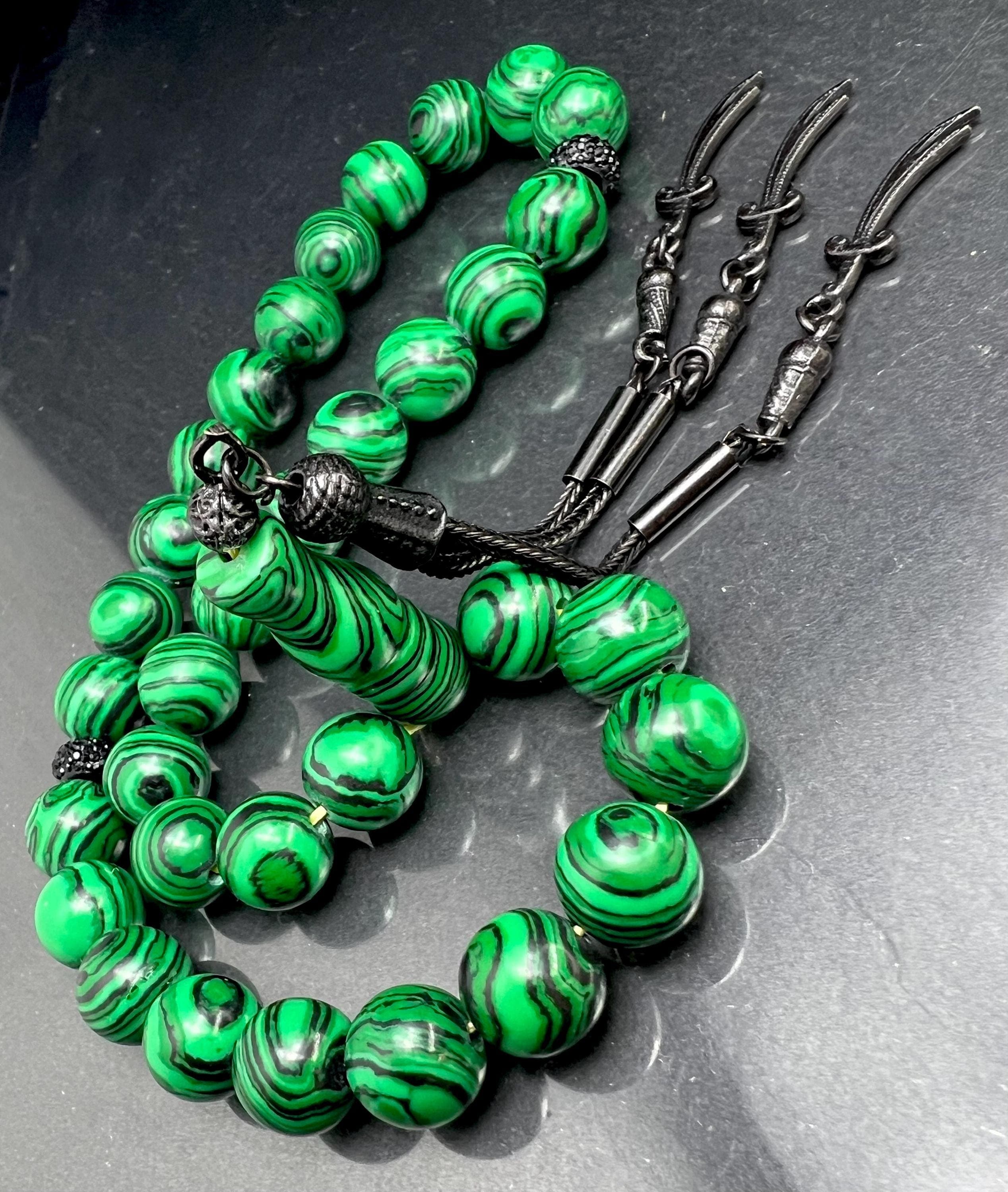 Malachite Tasbih, natural green stone Misbaha, Islamic Tesbih, Heart chakras energy