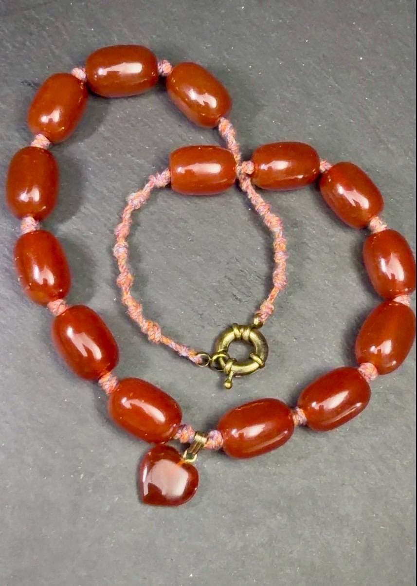 Red Agate necklace, chunky big size natural stone beads, heart pendant