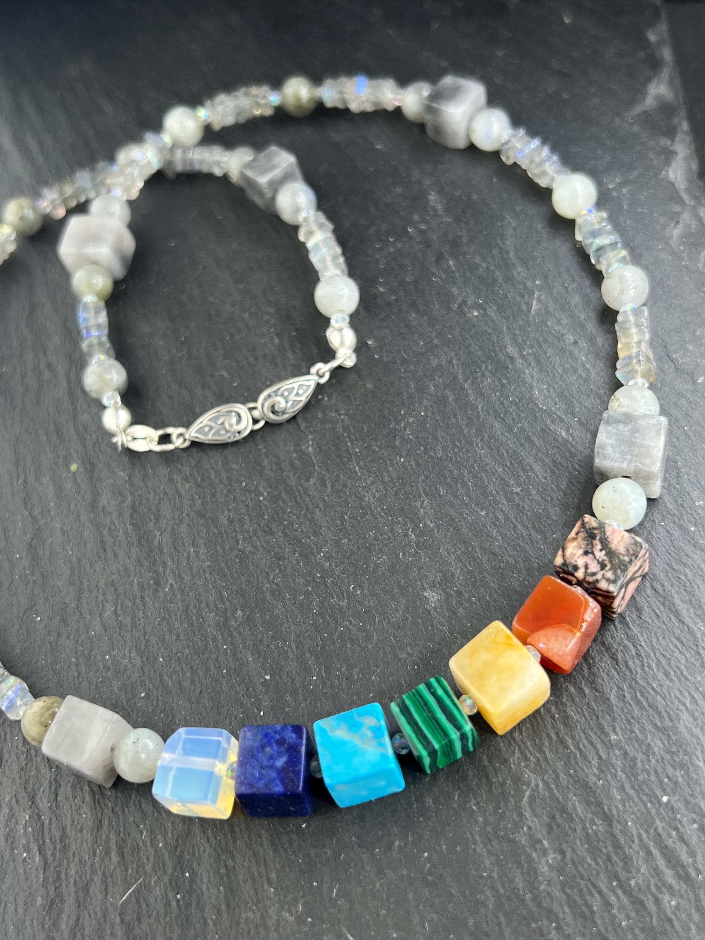 7Chakras Labradorite Hawk eye Necklace 925silver natural gemstones crown third eye throat heart solar plexus sacral root chakra detox energy