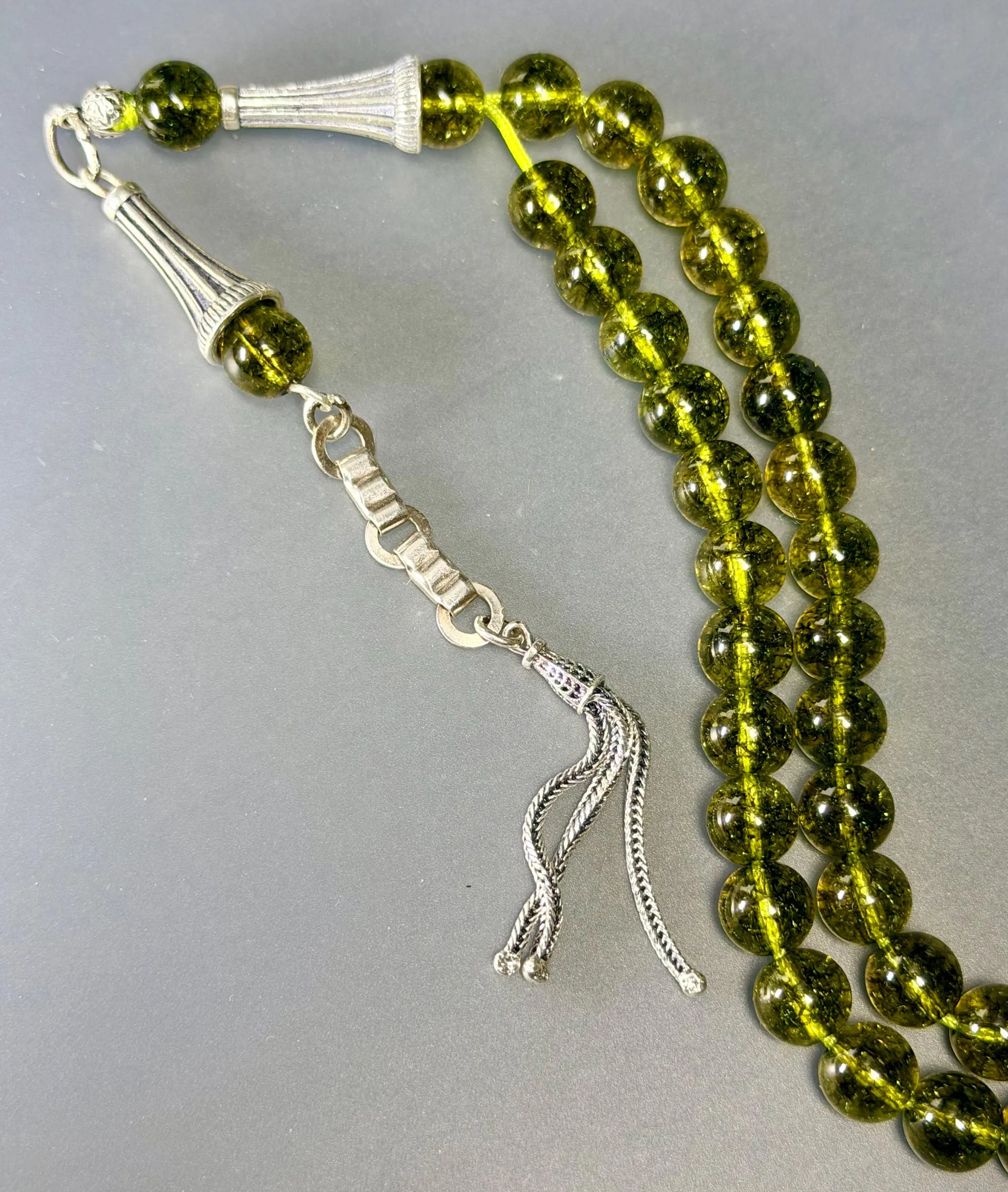 Peridot Tasbih: 925 Silver Tassel, Islamic Prayer Beads, Eid gift, natural stone beads