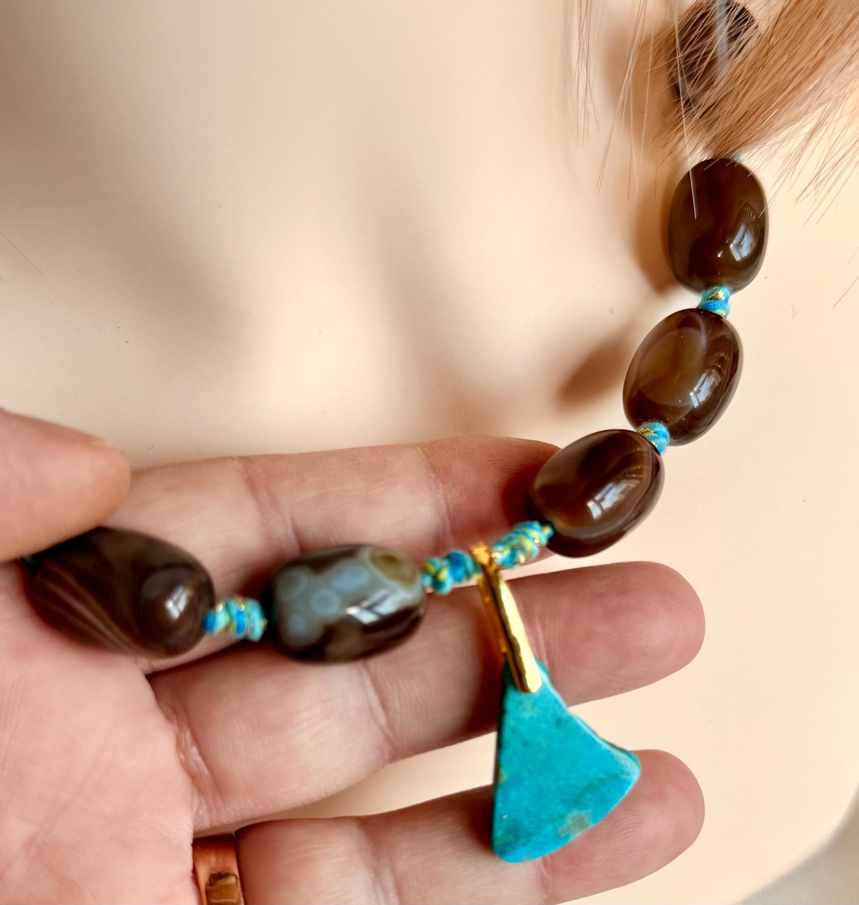 Giant Jazaa Agate and turquoise necklace, chunky big size natural stone beads, 925 sterling silver gold plated