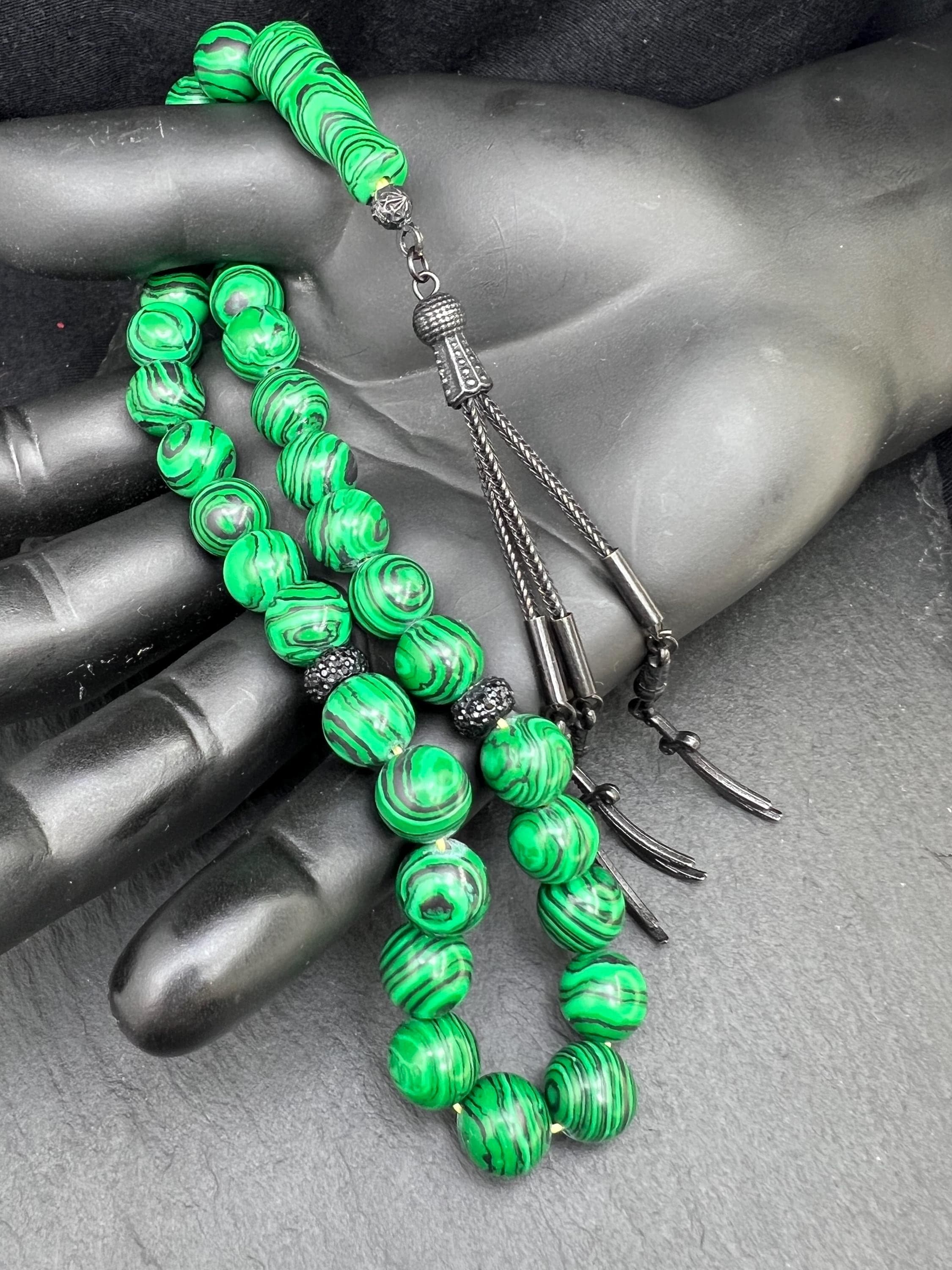 Malachite Tasbih, natural green stone, Islamic Misbaha, Heart chakra healing energy, Black zulfiqar tassel, Thulfiqar Imam Ali Sawrd, AkueShop.