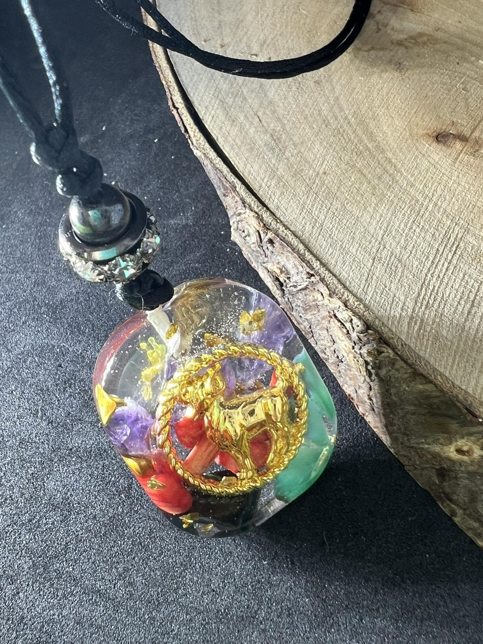 Handmade Resin Y- pendant Necklace, Aries Zodiac 7 chakras natural gemstones, adjustable necklace