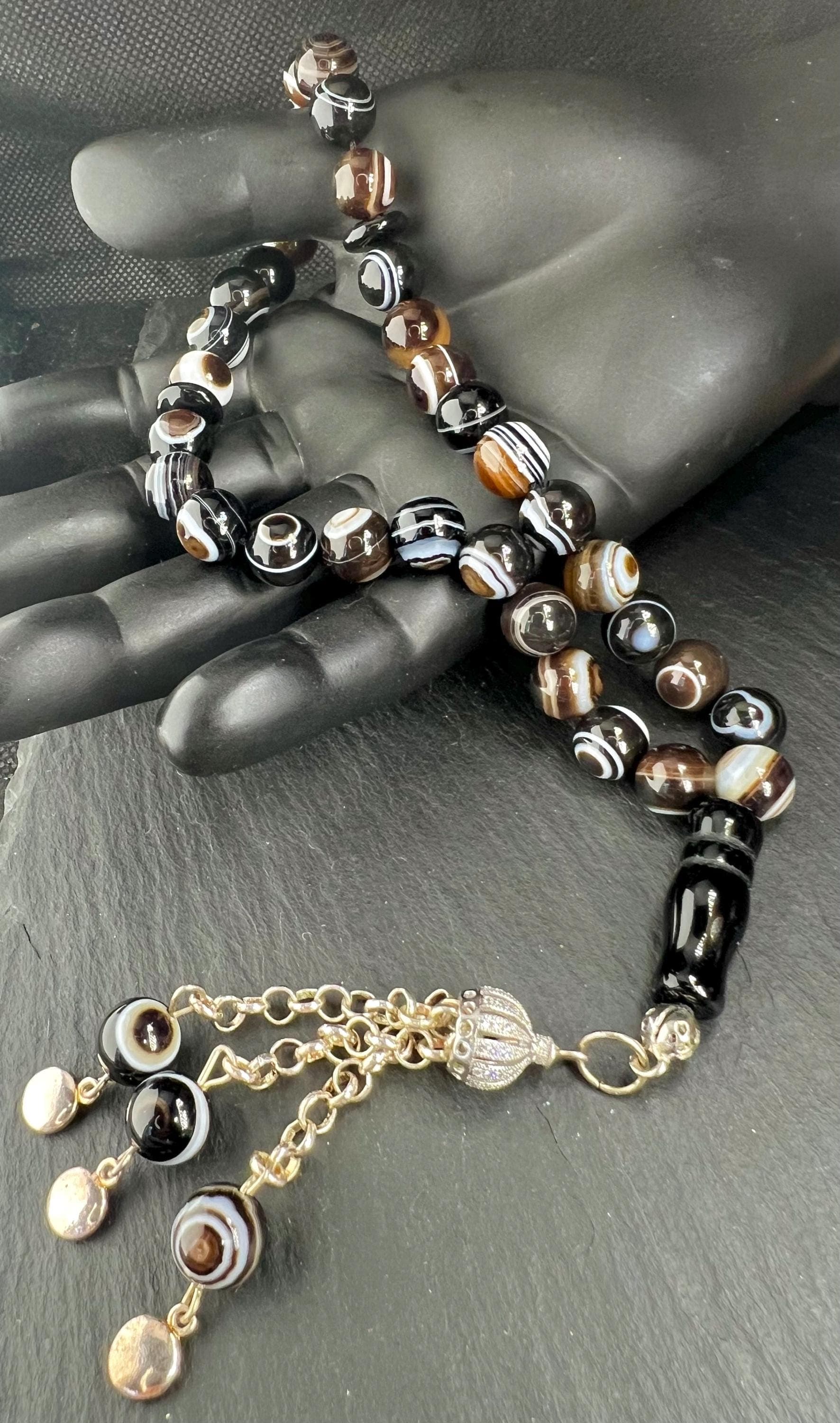 Natural Sulemani Jazaa black Agate Tasbih, 10mm beads, root chakra energy, akik tesbih, aqeeq Misbaha, silver plated tassel, Islamic gift.