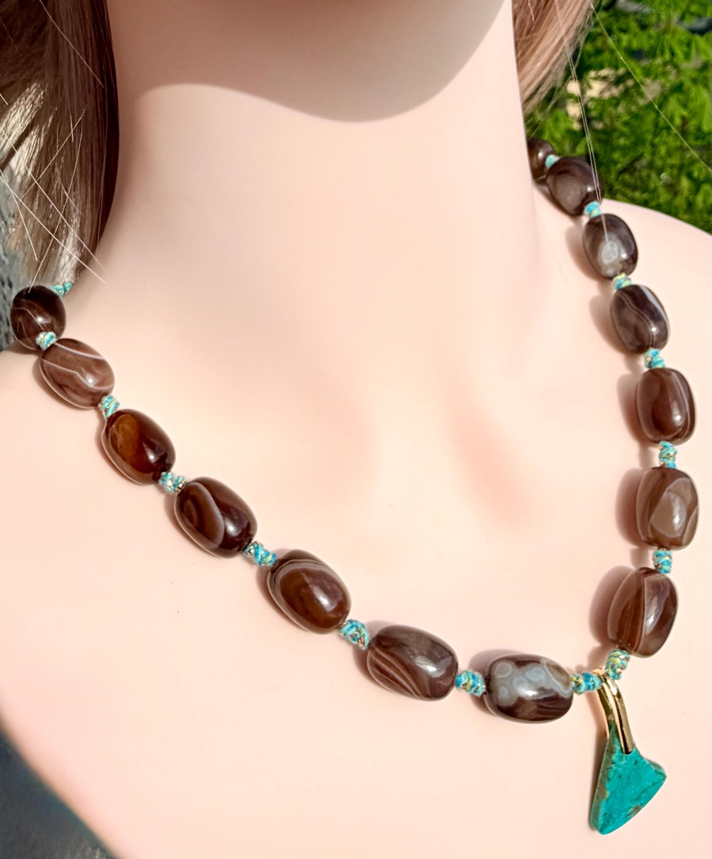 Giant Jazaa Agate and turquoise necklace, chunky big size natural stone beads, 925 sterling silver gold plated