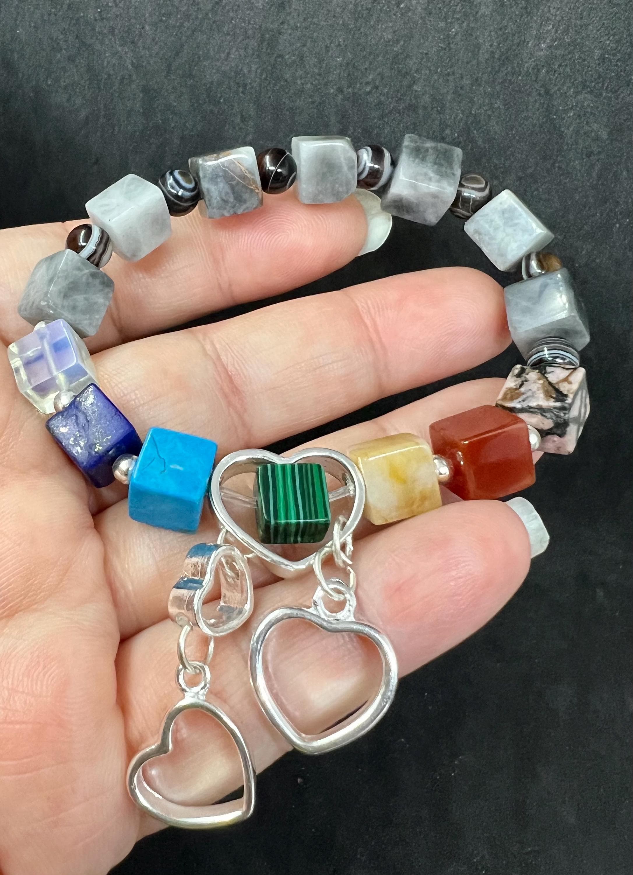 Natural Hauk Eye gemstones Bracelet, 7 chakras, with Silver plated heart charms