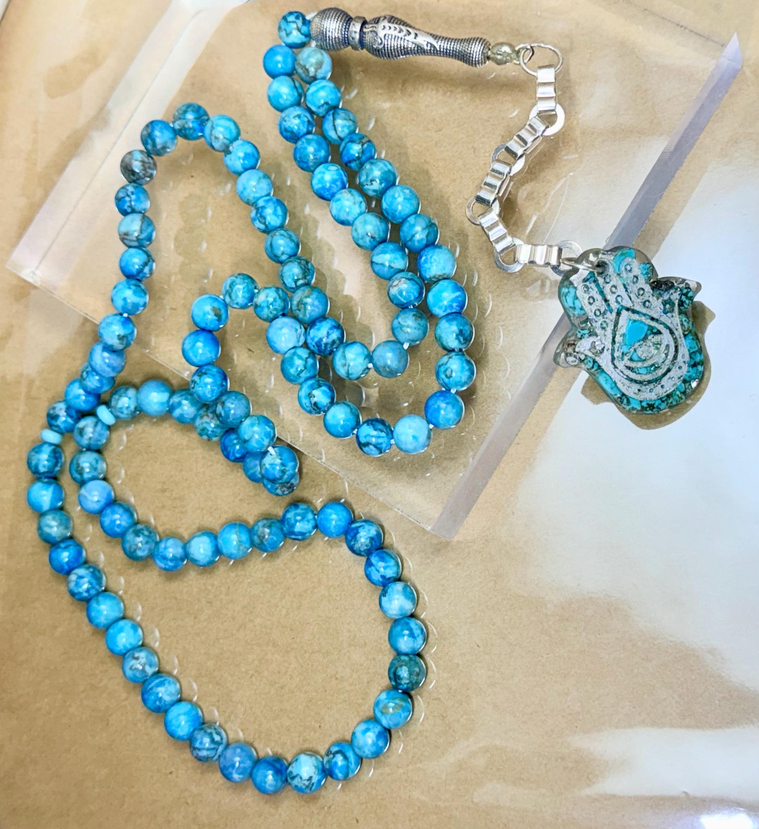 Turquoise Tasbih 99, natural south African Turquoise, throat chakra energy, Islamic ethnic Hamsa pendant