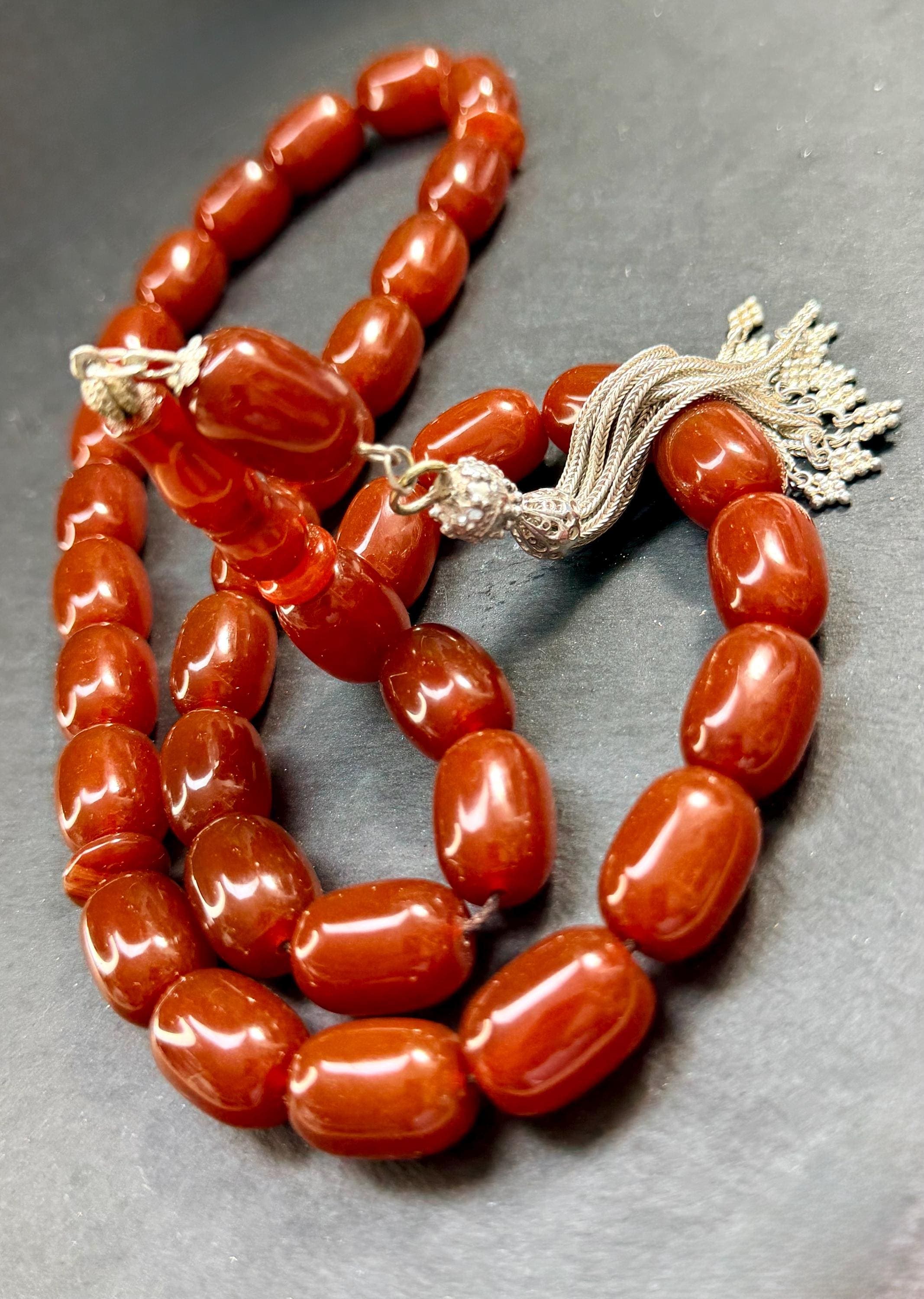Giant Red Agate Tasbih Prayer Beads: Sterling Silver Tassel, Islamic Gift